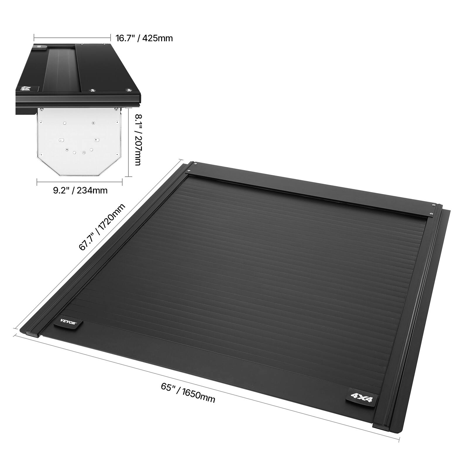 16.7" / 425mm  
8.1" / 207mm  
9.2" / 234mm  
67.7" / 1720mm  
65" / 1650mm  
4X4