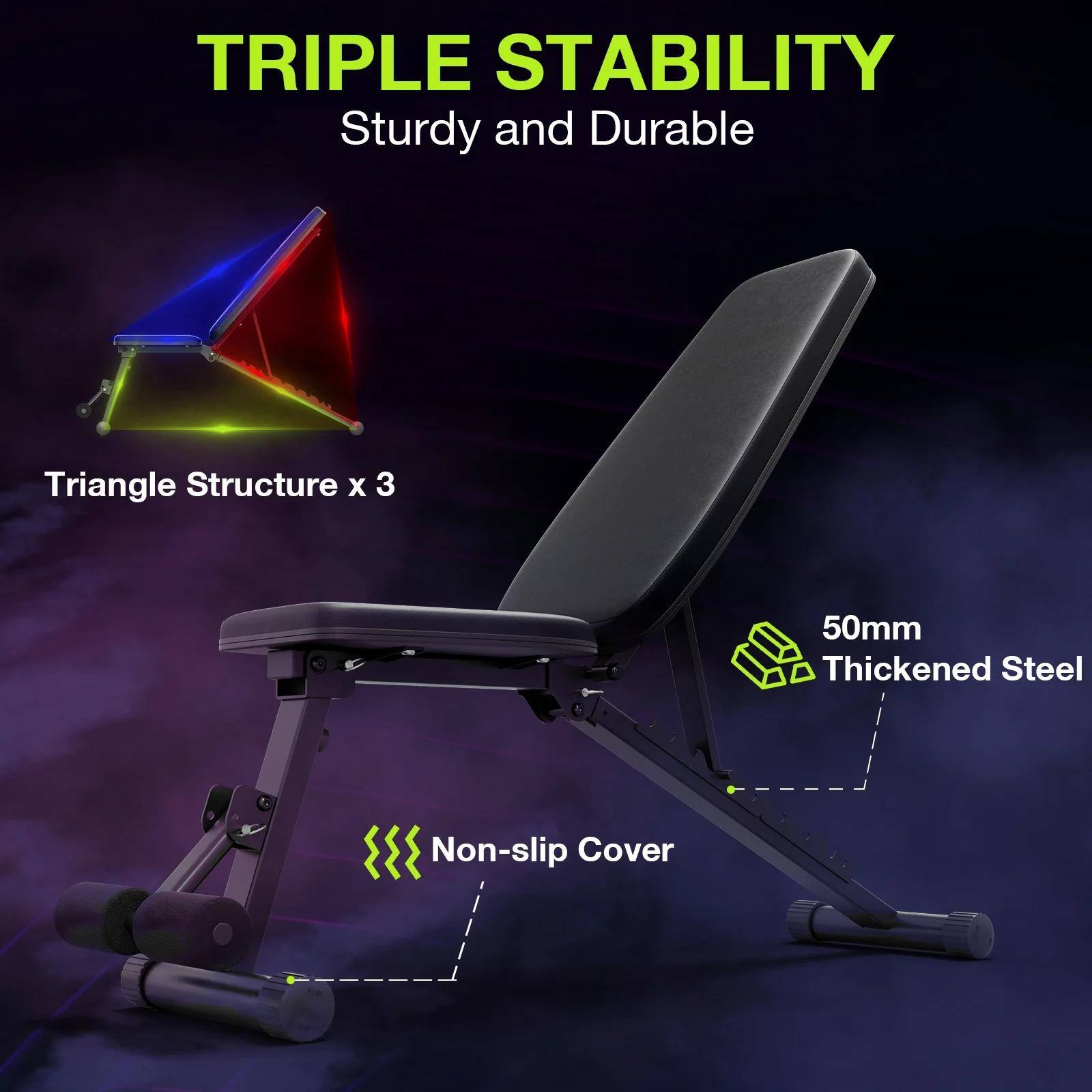 TRIPLE STABILITY  
Sturdy and Durable  

Triangle Structure x 3  

50mm Thickened Steel  

Non-slip Cover