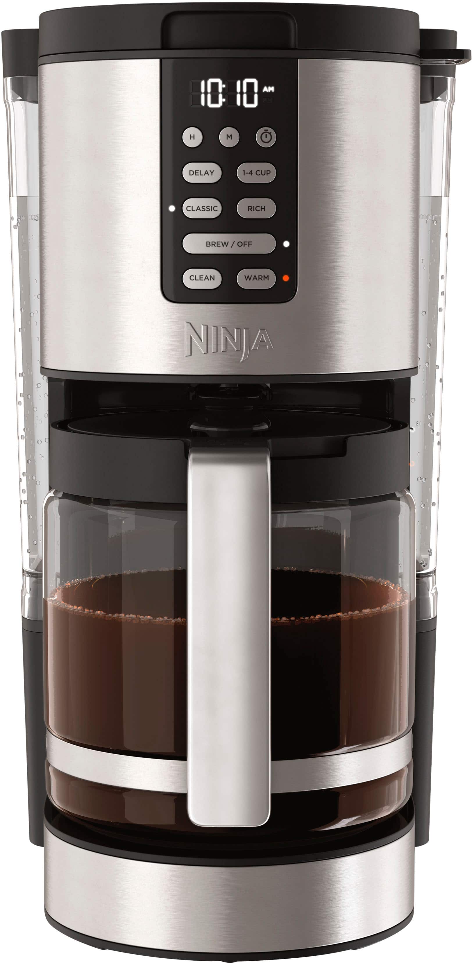 The image features a Ninja coffee maker with a timer that reads 10:10. The coffee maker is filled with coffee, and the timer is set to 1-4 cups of coffee. The coffee maker is designed to provide a rich and classic brew, and it can also be used to make hot or warm coffee.