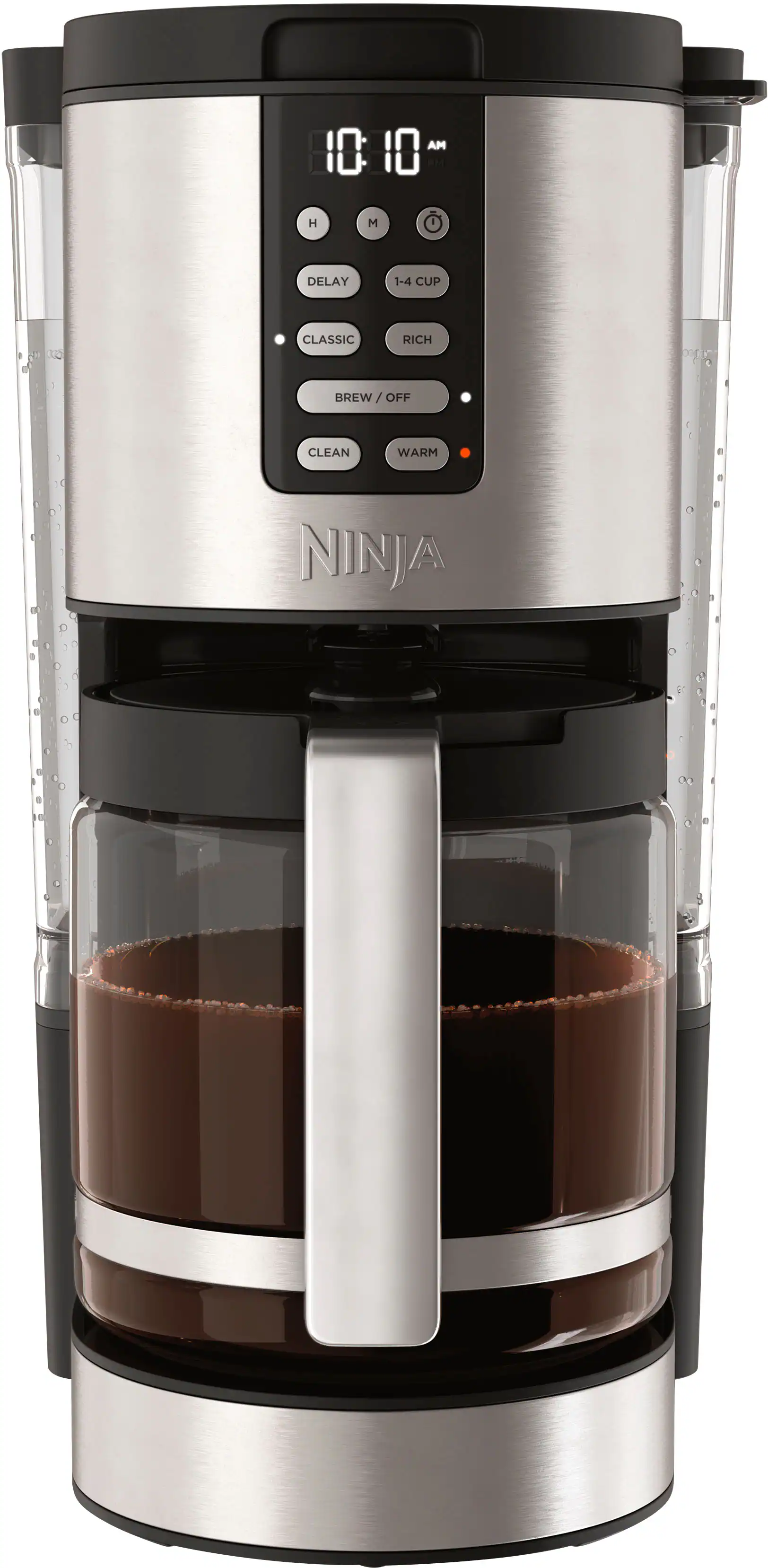 The image features a Ninja coffee maker with a timer that reads 10:10. The coffee maker is filled with coffee, and the timer is set to 1-4 cups of coffee. The coffee maker is designed to provide a rich and classic brew, and it can also be used to make hot or warm coffee.