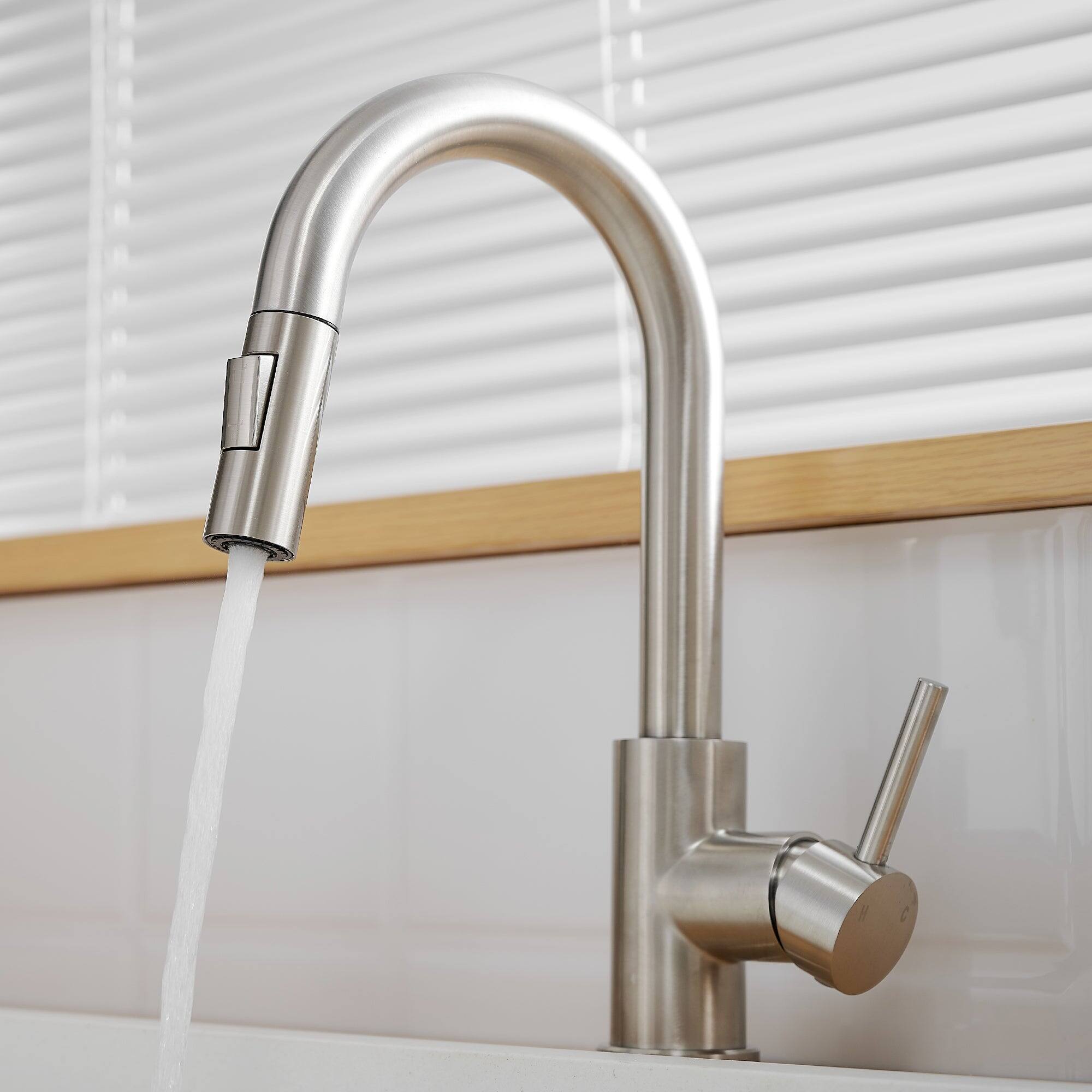 Left. Boyel Living - Brushed Nickel Single Handle Pull Down Bar Faucet with Water Supply Hoses and Ceramic Disc Cartridge - Brushed Nickel.