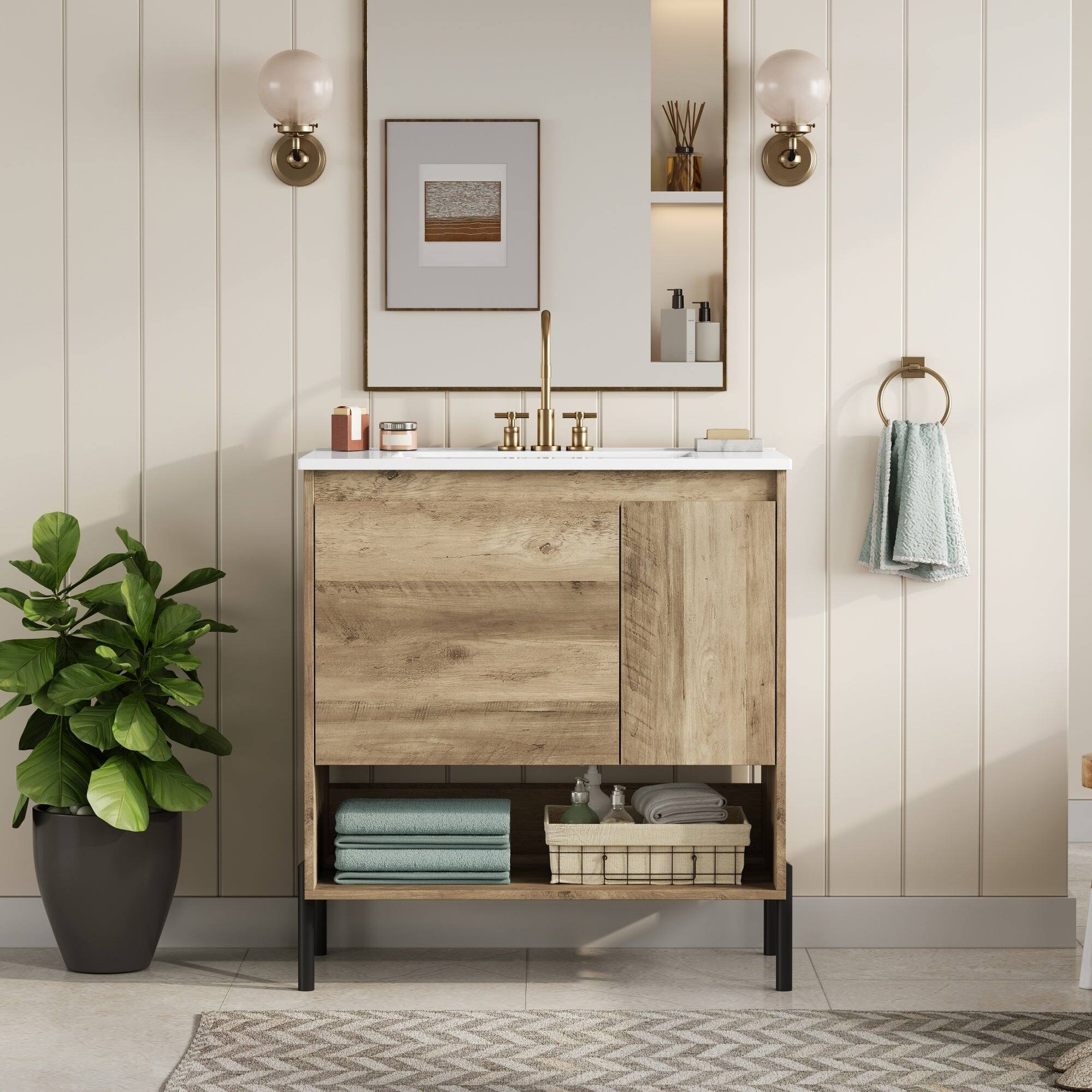 Alt View 1. Boyel Living - 30 Inch Modern Wood Bathroom Vanity with Ceramic Sink Natural Wood - Brown.