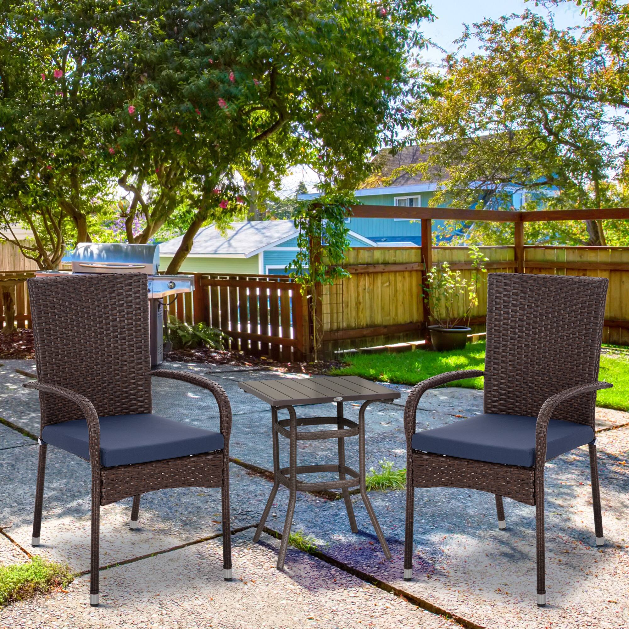 Alt View 1. Outsunny - Stackable PE Rattan Outdoor Dining Chairs with Cushions, Set of 2 Patio Wicker Dining Chairs - Blue.