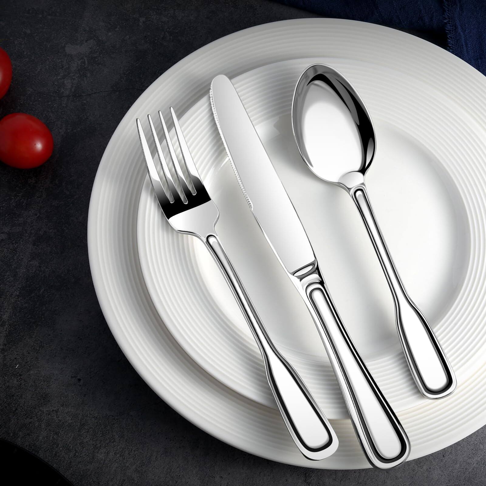 Left. Dazzed Corner - 40-Piece Stainless Steel Silverware Set for 8, Heavy Duty Cutlery with Wide Handles - NY61VBY.