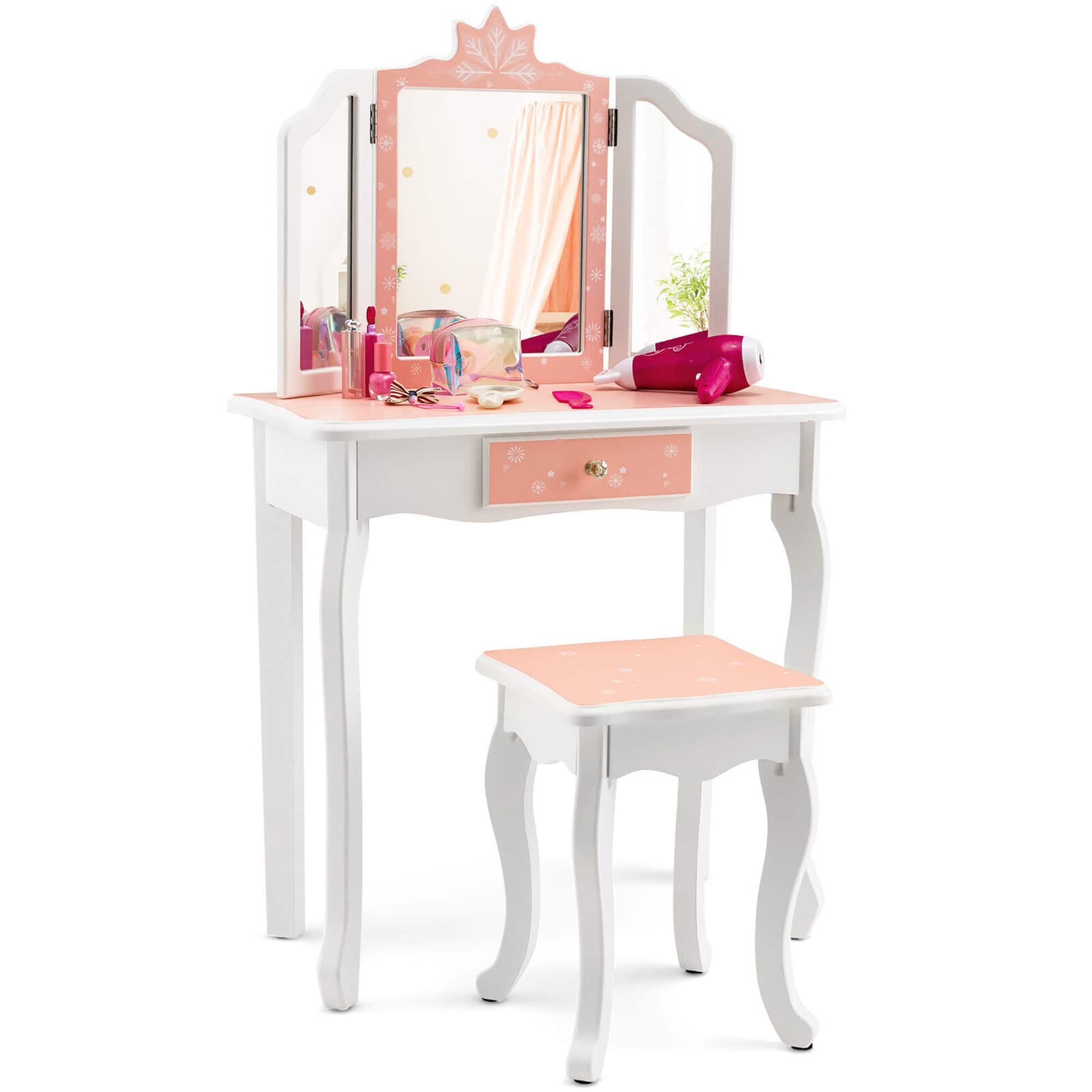 Gymax - Kid Vanity Set Wooden Makeup Table Stool Tri-Folding Mirror Snowflake Print Pink - Pink + White