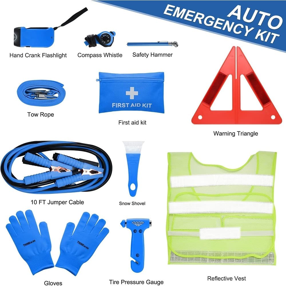 MOSZAR LLC - Blue Car Emergency Kit with Jumper Cables, First Aid & Safety Tools