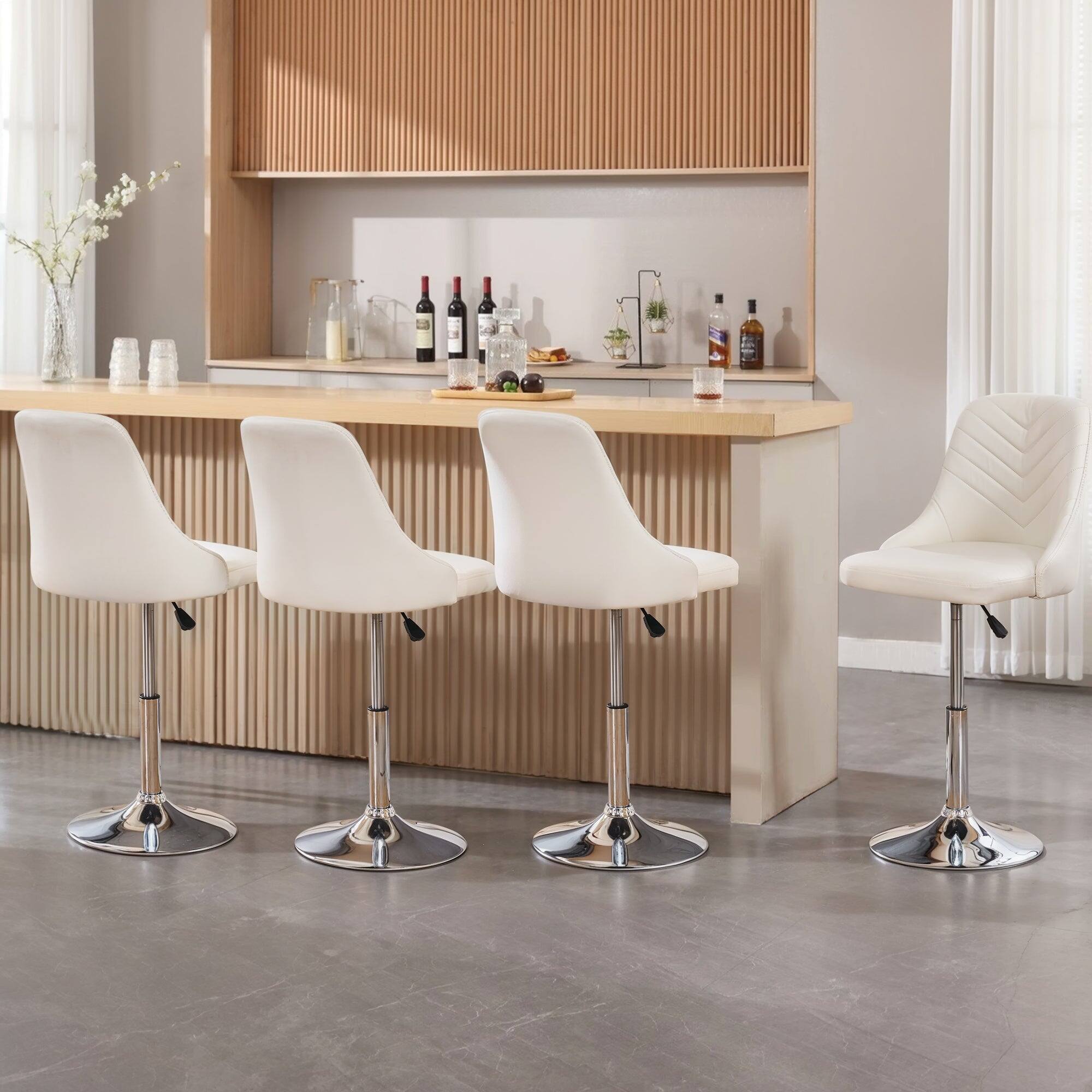 Alt View 2. Vecelo - Set of 4 360° Swivel Adjustable Height Bar Stool - PU Leather Counter Stool with Backrest, Modern Kitchen Bar Stool - White.
