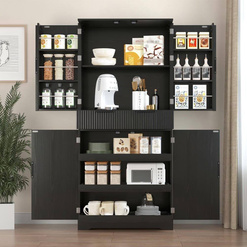 Alt View 8. Kadyn - 72" Fluted Kitchen Pantry with 3 Keyboard Drawers and Adjustable Shelves - Black - Black.