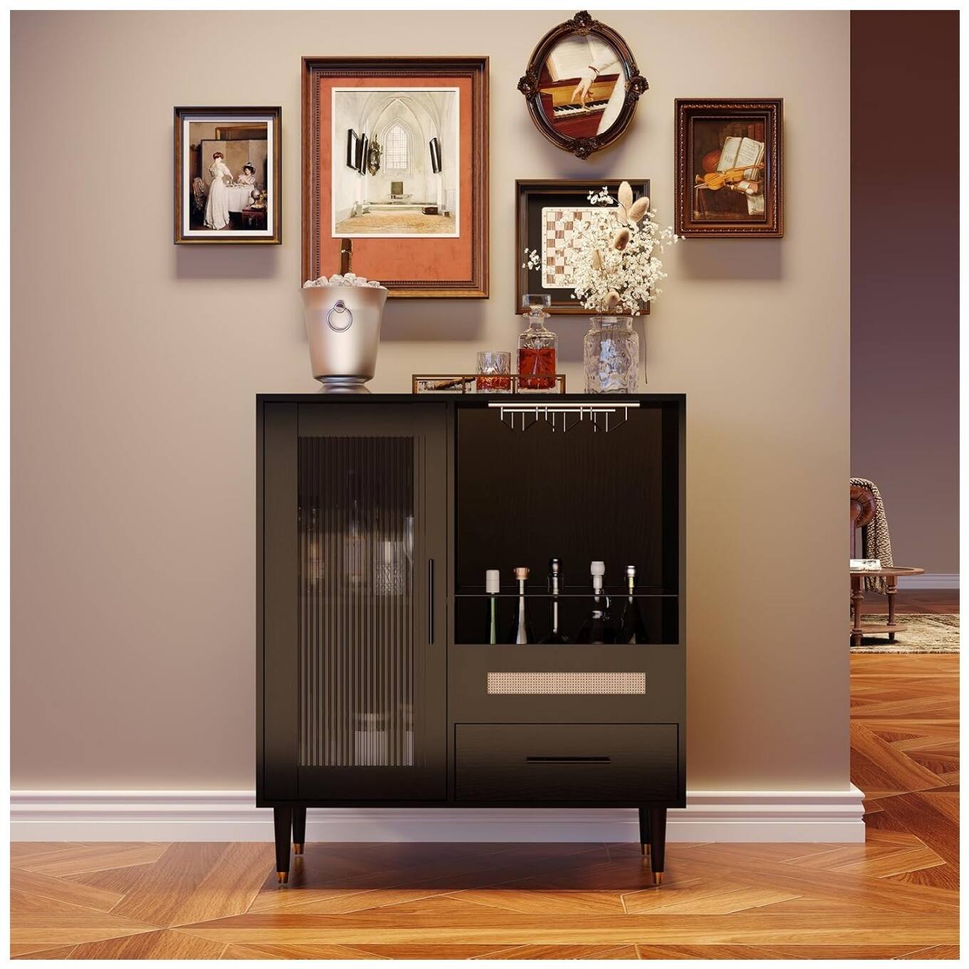 Front. GARVEE - Modern Wine Bar Cabinet & Mini Coffee Bar Cabinet with Storage, Liquor Storage Sideboard with Tempered Glass Door - Black.