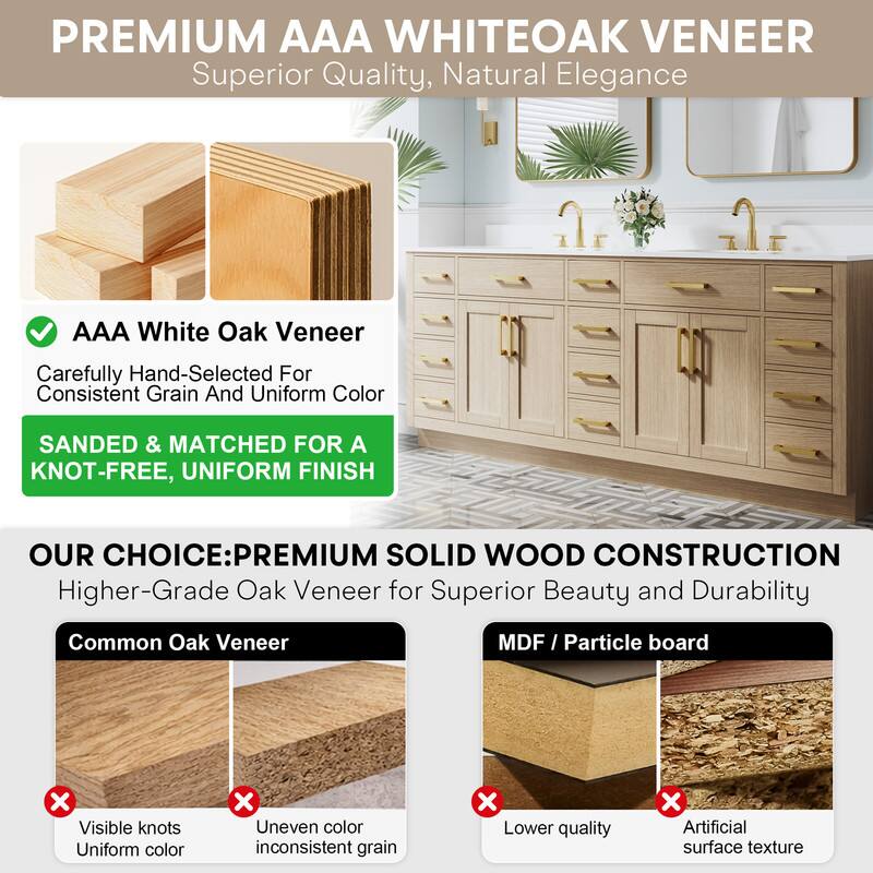 PREMIUM AAA WHITEOAK VENEER  
Superior Quality, Natural Elegance  

AAA White Oak Veneer  
Carefully Hand-Selected For Consistent Grain And Uniform Color  

SANDED & MATCHED FOR A KNOT-FREE, UNIFORM FINISH  

OUR CHOICE: PREMIUM SOLID WOOD CONSTRUCTION  
Higher-Grade Oak Veneer for Superior Beauty and Durability  

Common Oak Veneer  
- Visible knots  
- Uneven color  
- Inconsistent grain  

MDF / Particle board  
- Lower quality  
- Artificial surface texture