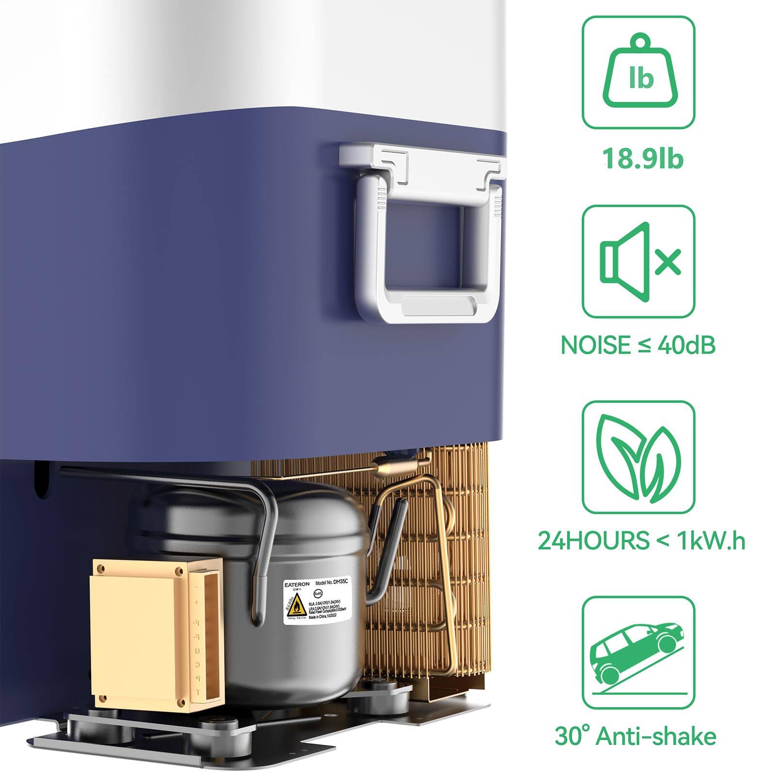 - Weight: 18.9 lb
- Noise: ≤ 40 dB
- Energy Consumption: 24 hours < 1 kW.h
- Anti-shake: 30°