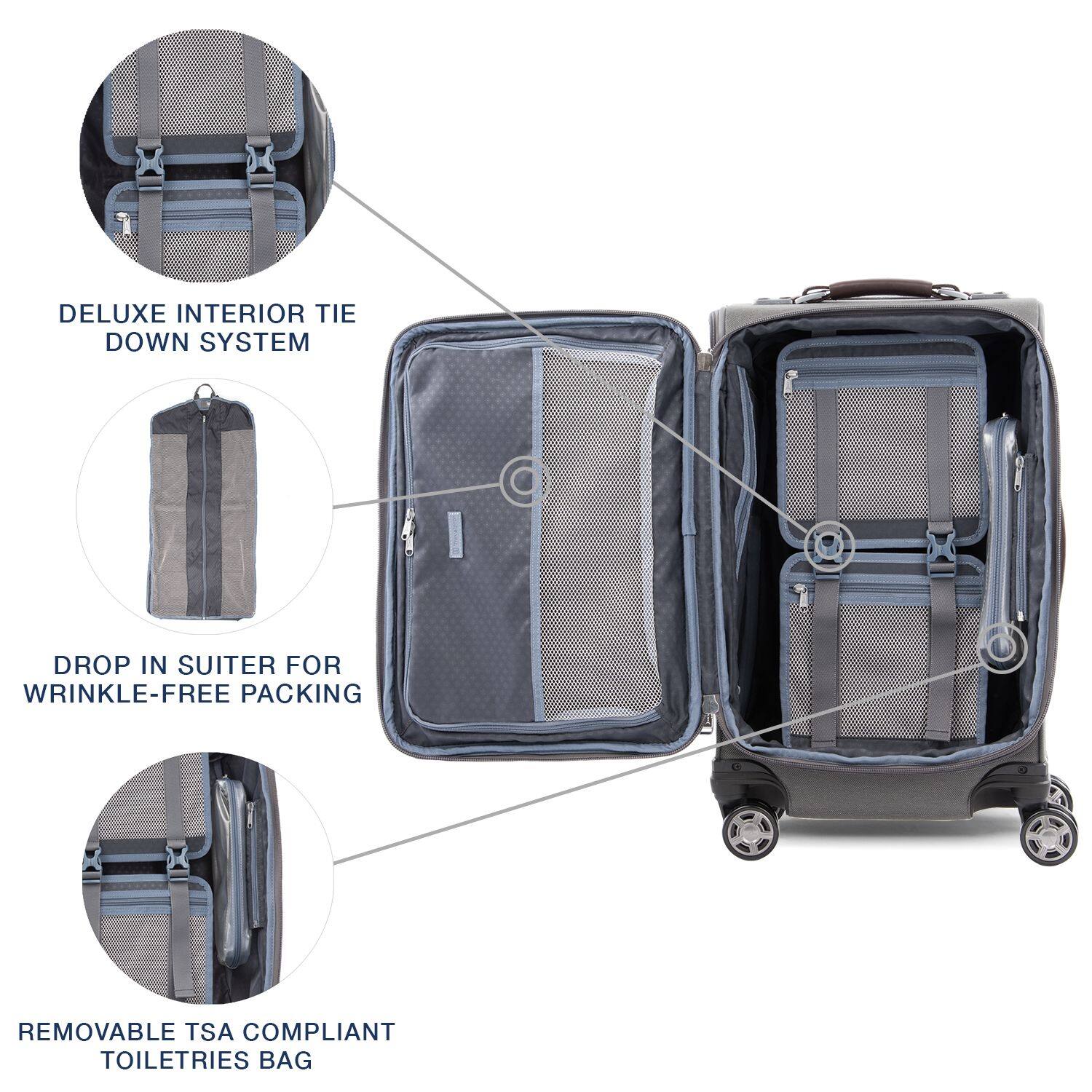 DELUXE INTERIOR TIE DOWN SYSTEM  
DROP IN SUITER FOR WRINKLE-FREE PACKING  
REMOVABLE TSA COMPLIANT TOILETRIES BAG