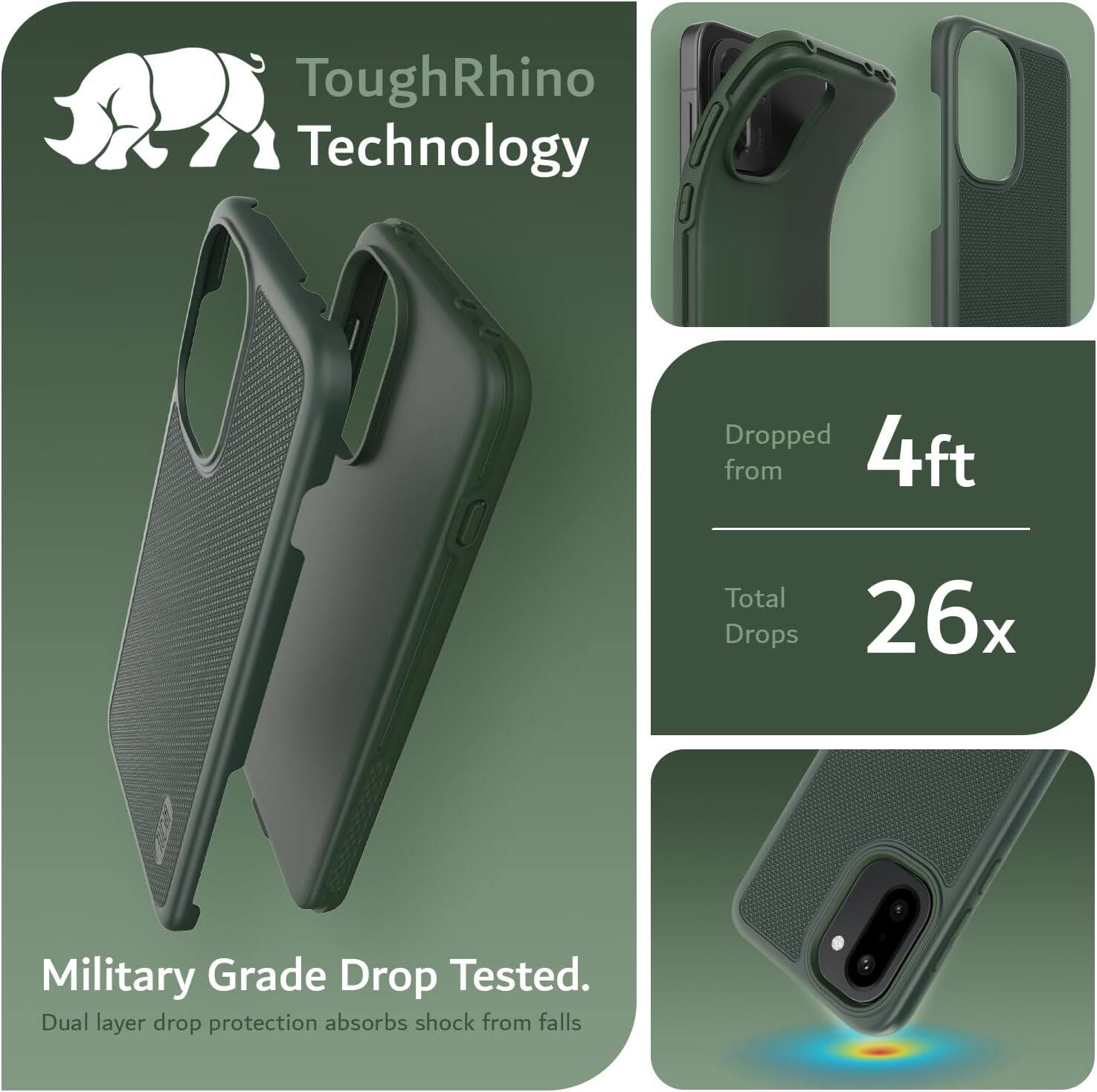 ToughRhino Technology

Dropped from 4ft  
Total Drops 26x

Military Grade Drop Tested.  
Dual layer drop protection absorbs shock from falls