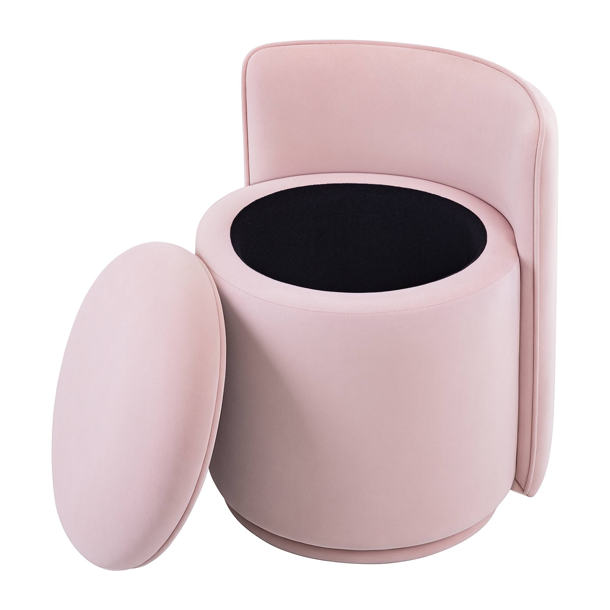 Angle. Brick Attic - Vanity Chair with Storage, Swivel Velvet Makeup Stool with Wave Backrest,Round Upholstered Closet Stool - Pink.