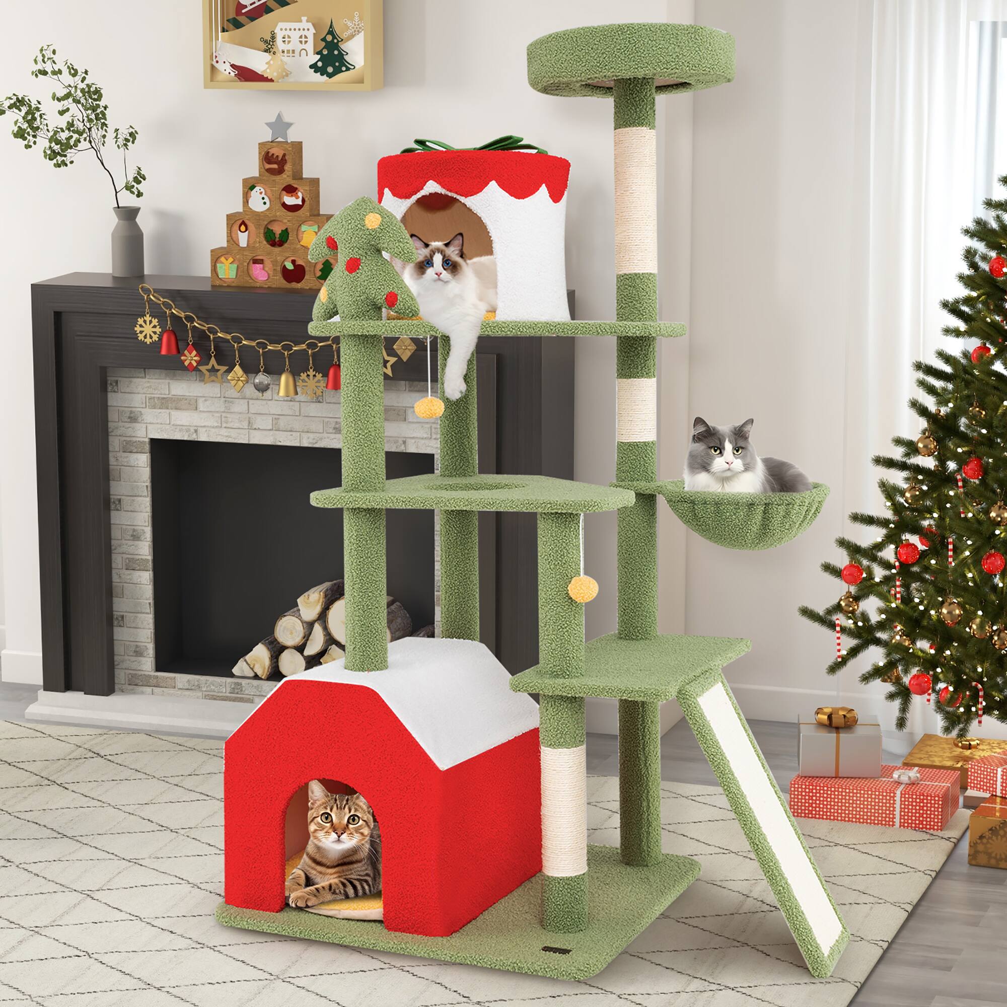 Alt View 3. Gymax - Gymax 61'' Tall Christmas Cat Tree w/ Sisal Scratching Posts Plush Perch & 2 Condos - GYM15380.