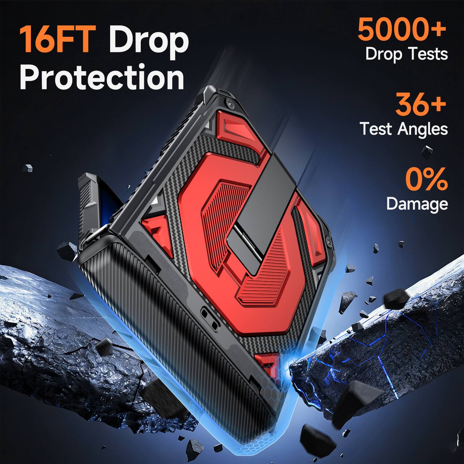 16FT Drop Protection  
5000+ Drop Tests  
36+ Test Angles  
0% Damage