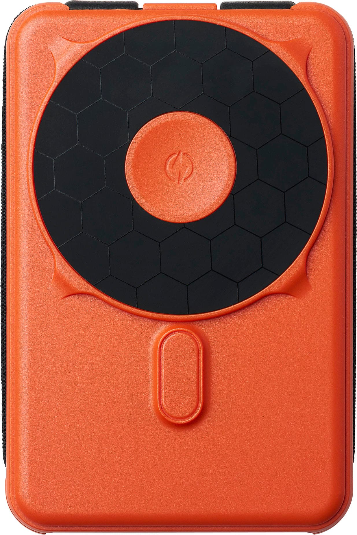Front. The Ridge Wallet - MAGSAFE POWER BANK 10,000mAh 20w 5-in-1 with integrated lightning and USB-C cables, Apple Watch charging, and Kickstand - Orange.