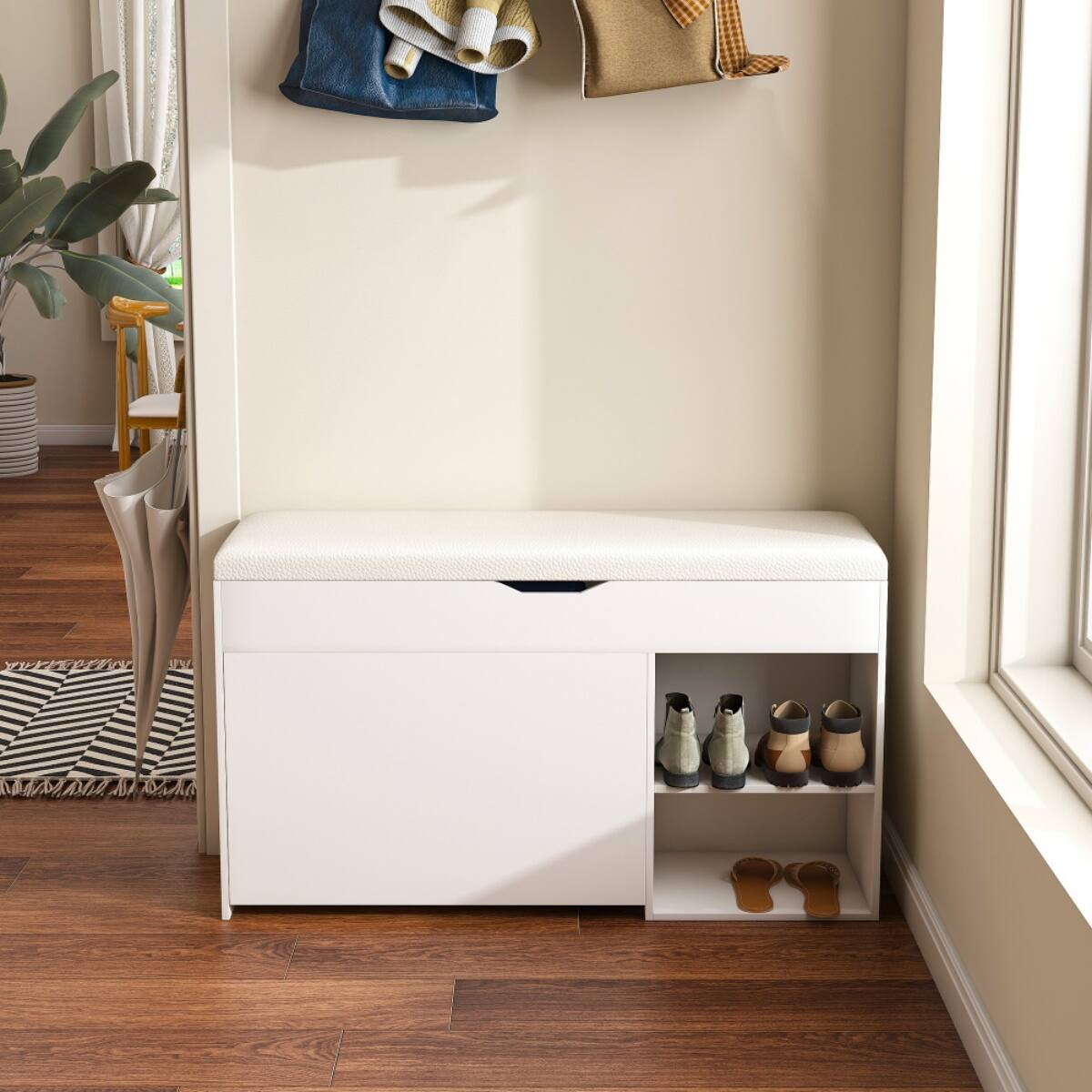 Angle. HTUTWOO - Entryway Bench with Shoe Storage,Adjustable 3-Tier Flip-Up Drawers & Hidden Cabinet – for Hallway, Living Room - White.