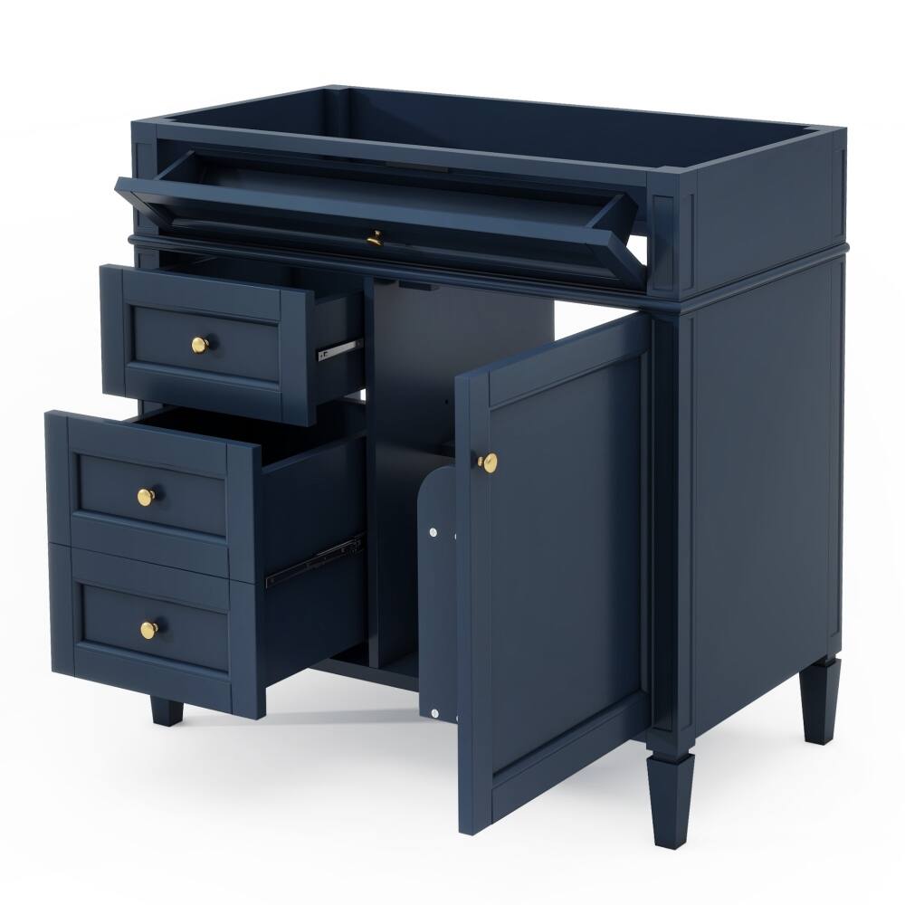 Back. Loheer - Loheer 36 inch bathroom vanity without top, Blue Solid Wood Frame, 2 Drawers & Tip-out Drawer - Blue.