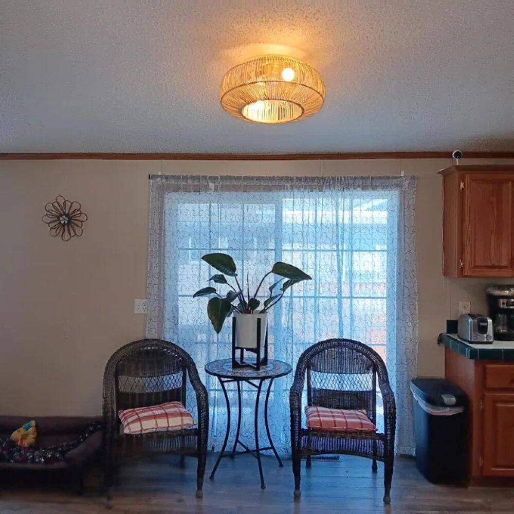 Alt View 5. Parrot Uncle - 20" Coastal Weave Rattan Gold Flush Mount Caged Ceiling Fan with Remote - Gold.