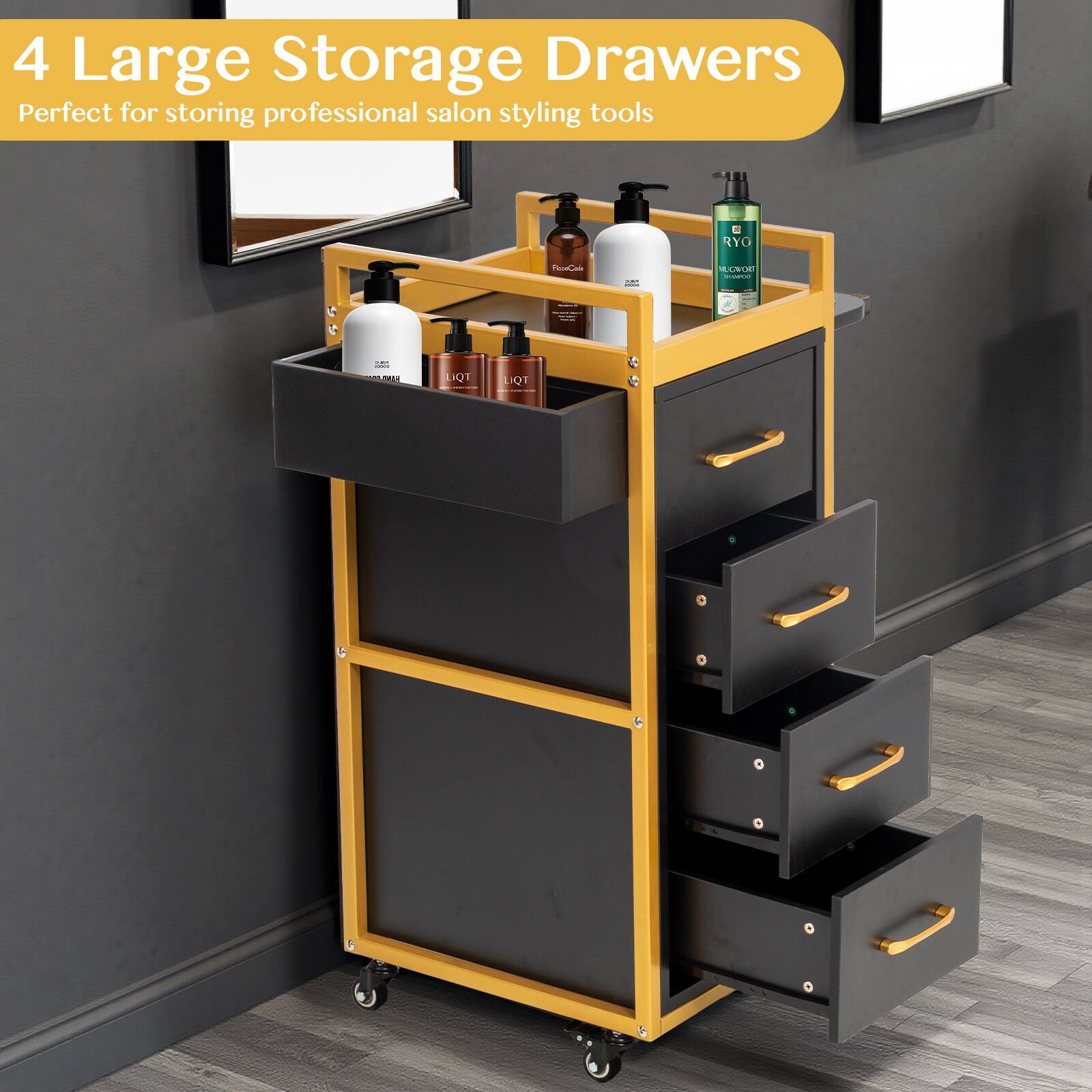 4 Large Storage Drawers  
Perfect for storing professional salon styling tools