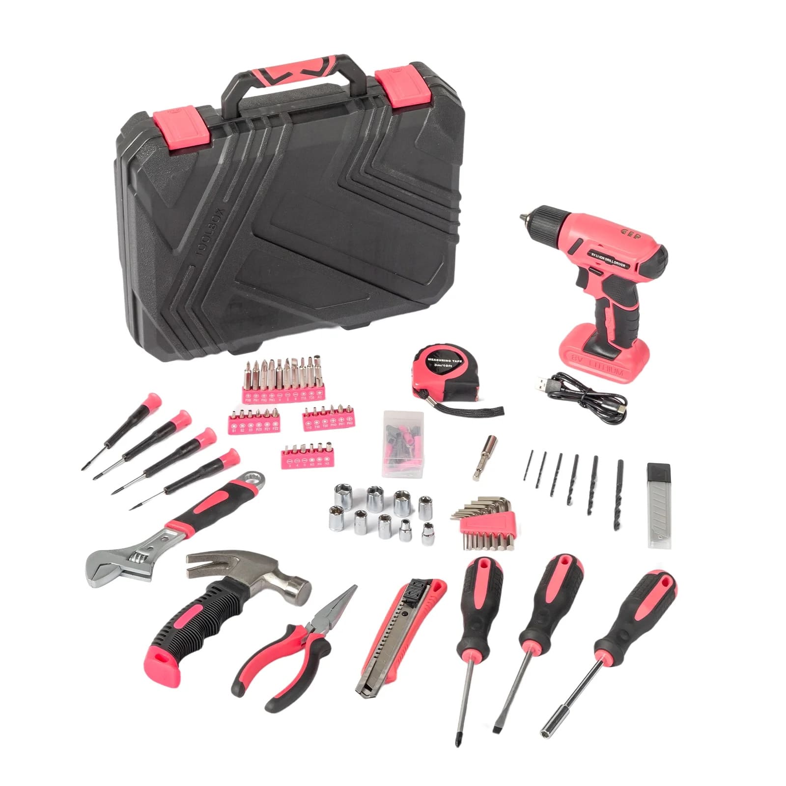 Winado - 146 Pieces Power Tool Combo Kits with 8V Cordless Drill DIY Hand Repair Tool - Black & Pink