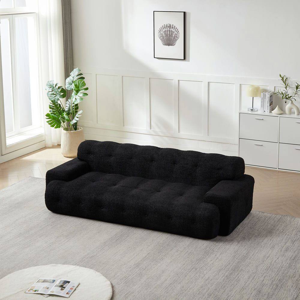 Back. Resenkos - 65.75" Napped Fabric Storage Bench, Double Lids Rolled Armrest Footstool Daybed - Black.