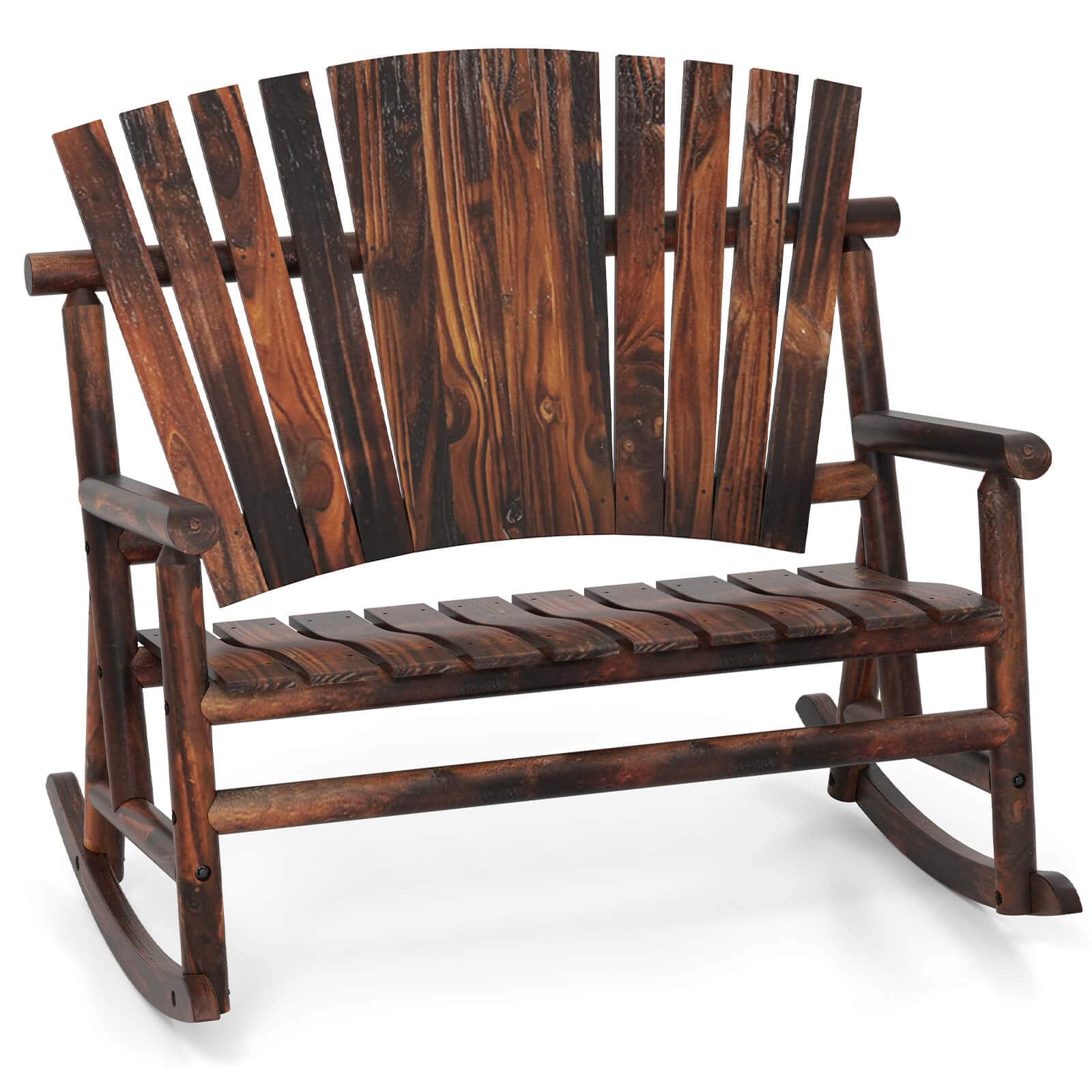 Front. Costway - Costway 2-Person Outdoor Adirondack Rocking Chair with High Back and Slatted Seat - Brown.