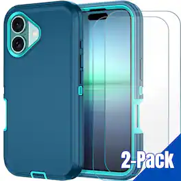 Entronix - iPhone 16 Bundle - Heavy Duty Case with 2 Clear Screen Protectors for Ultimate Protection - Teal