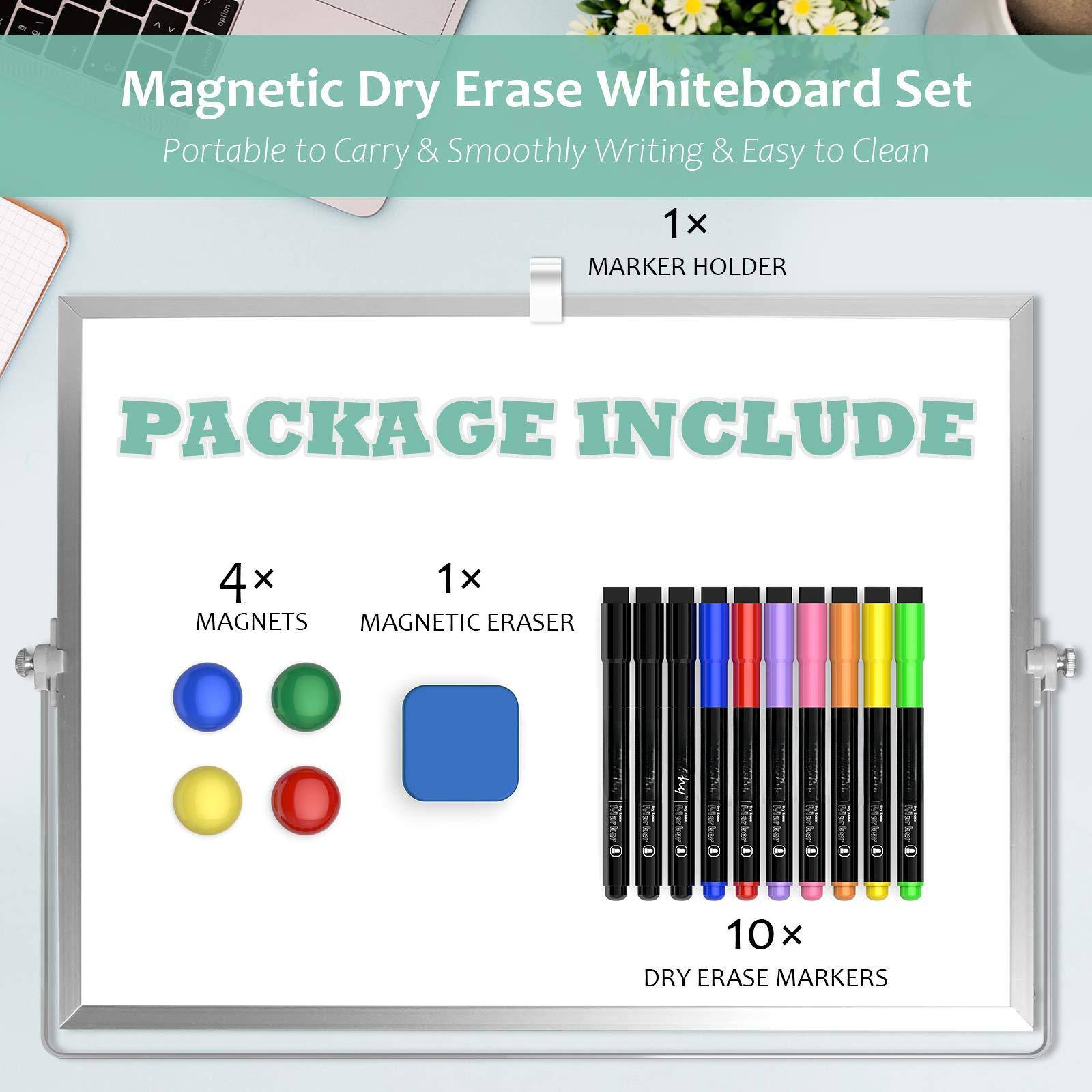 Magnetic Dry Erase Whiteboard Set  
Portable to Carry & Smoothly Writing & Easy to Clean  

PACKAGE INCLUDE  

1x MARKER HOLDER  

4x MAGNETS  

1x MAGNETIC ERASER  

10x DRY ERASE MARKERS