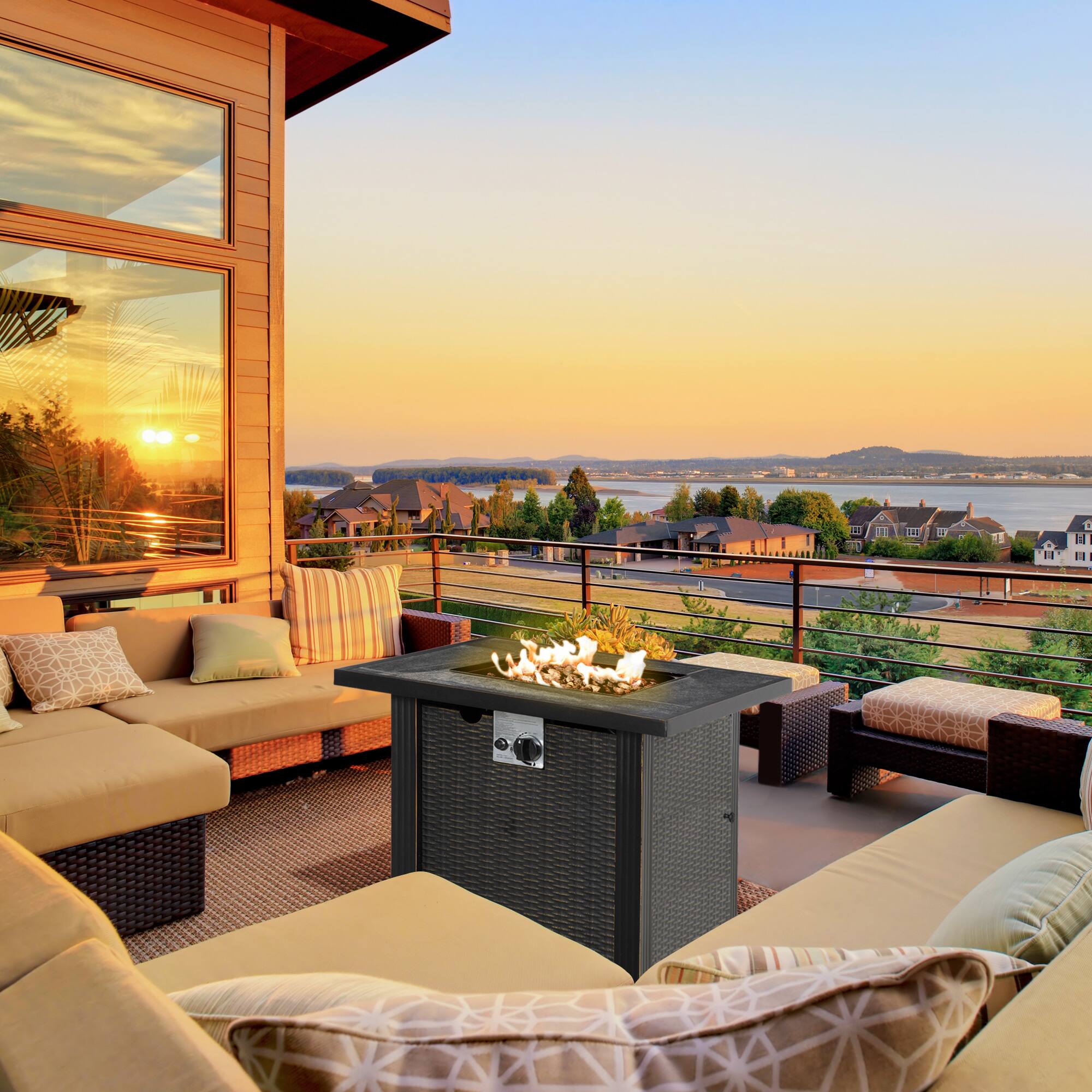 Alt View 1. Outsunny - 30 Inch Outdoor Propane Gas Fire Pit Table, 50,000 BTU Auto-Ignition Square Wicker-effect Gas Firepit - Black.