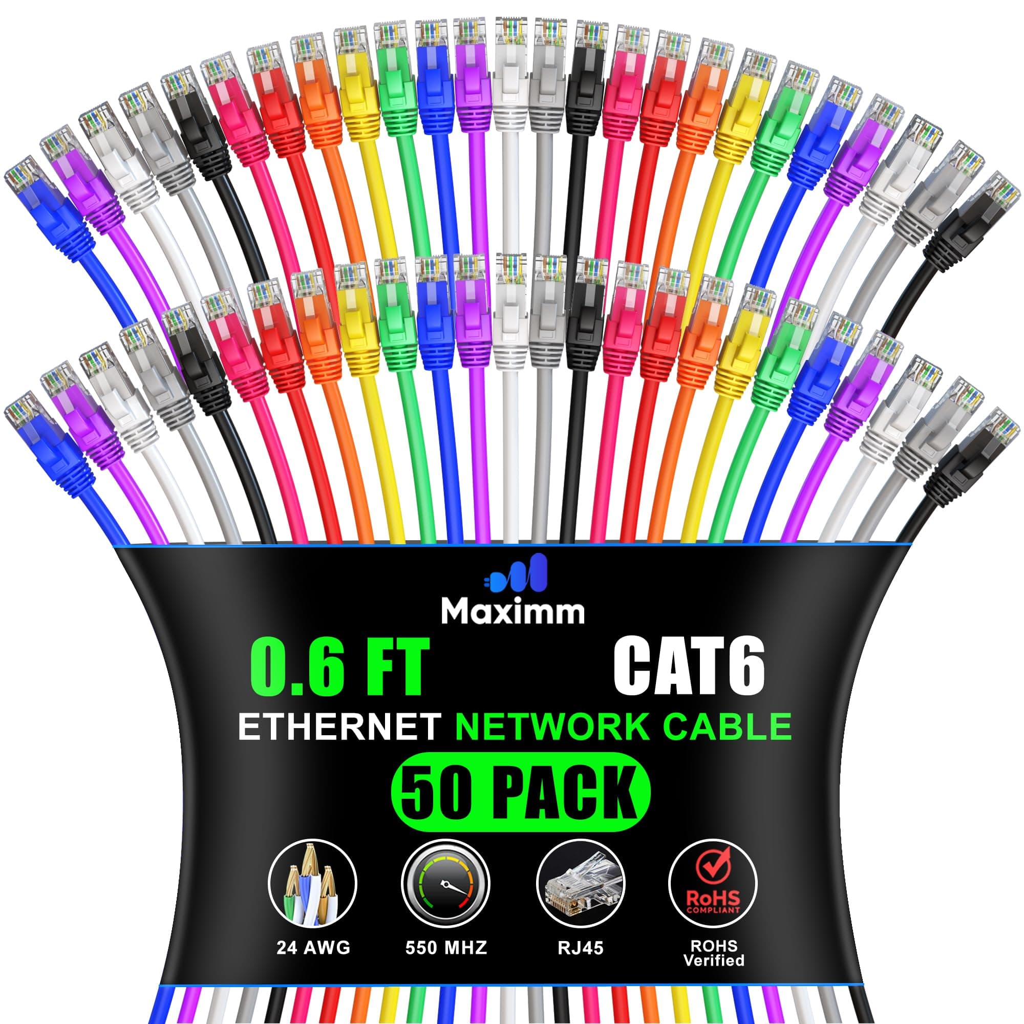 Maximm - Cat 6 Ethernet Cable 0.6 ft (50-Pack) - UTP, 10Gbps, 550MHz