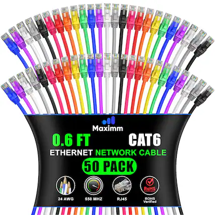 Maximm 0.6 FT CAT6 Ethernet Network Cable 50 Pack RoHS Compliant 24 AWG 550 MHz RJ45 RoHS Verified