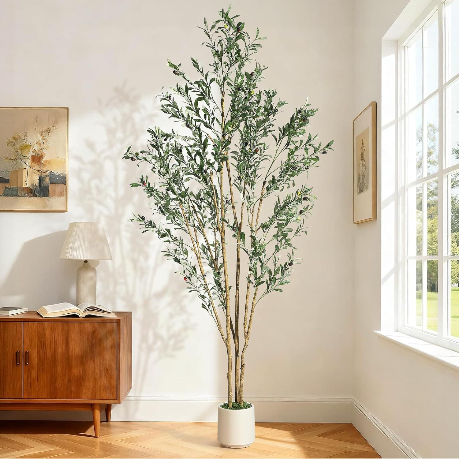 Homhougo- Olive Artificial Tree 7FT Tall Faux Olive Tree with White Planter, Lifelike Leaves and Fruits for Living Room- Green