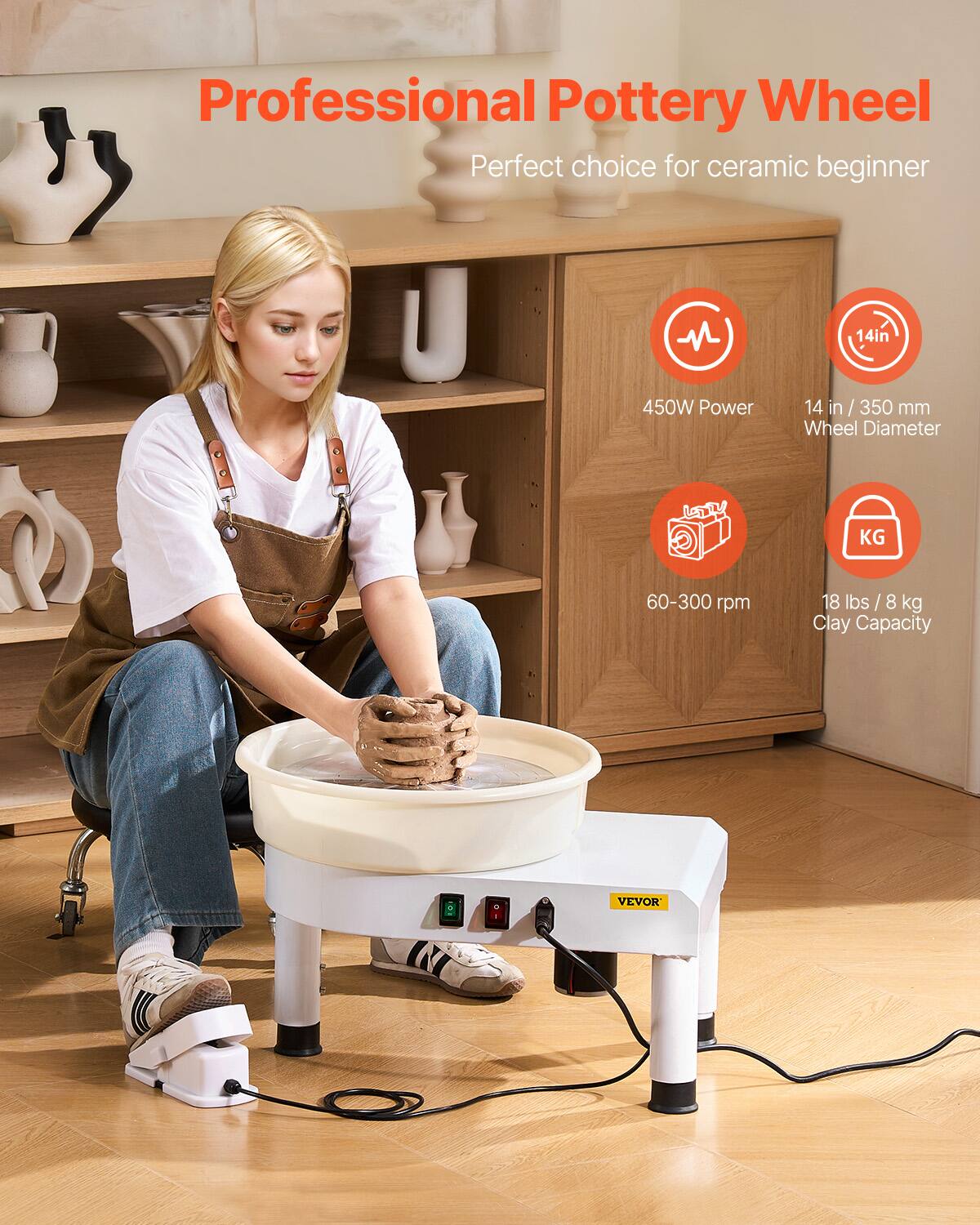 Professional Pottery Wheel, Perfect choice for ceramic beginner, 14in, 450W Power, 14 in / 350 mm Wheel Diameter, 60-300 rpm, 18 lbs / 8 kg Clay Capacity, VEVOR