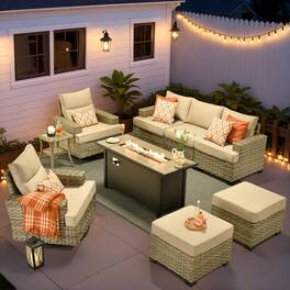 Ovios - 9 PCS Patio Furniture Sofa Set with Swivel Chairs, Side Table & 54" Fire Pit Table for Backyard - Beige