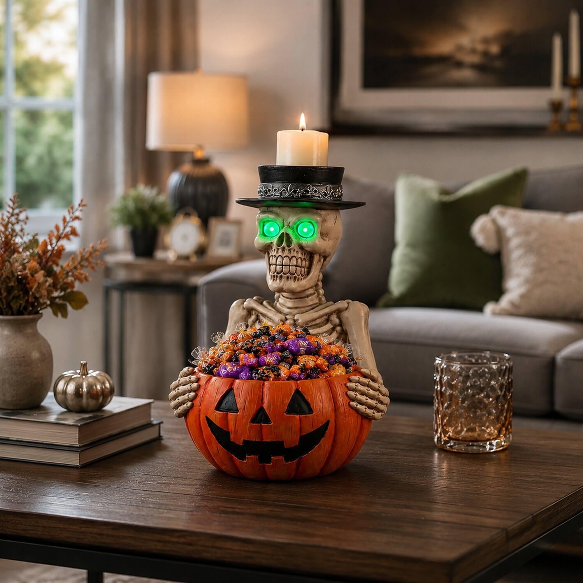 Angle. RYHNUYNE - Spooky Halloween Skeleton Figurine with LED Glowing Eyes, Pumpkin Candy Bowl, and Top Hat Candle Holder - White.