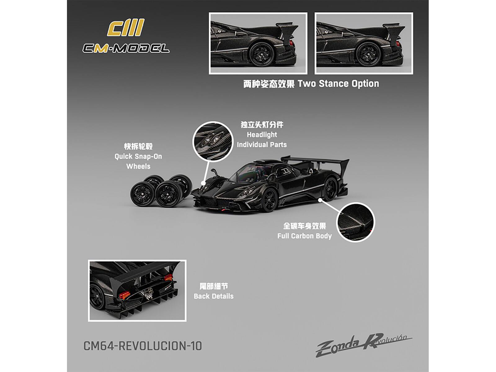 CIII  
CM-MODEL  

Two Stance Option  

Quick Snap-On Wheels  

Headlight Individual Parts  

Full Carbon Body  

Back Details  

CM64-REVOLUCION-10  

Zonda Revolución