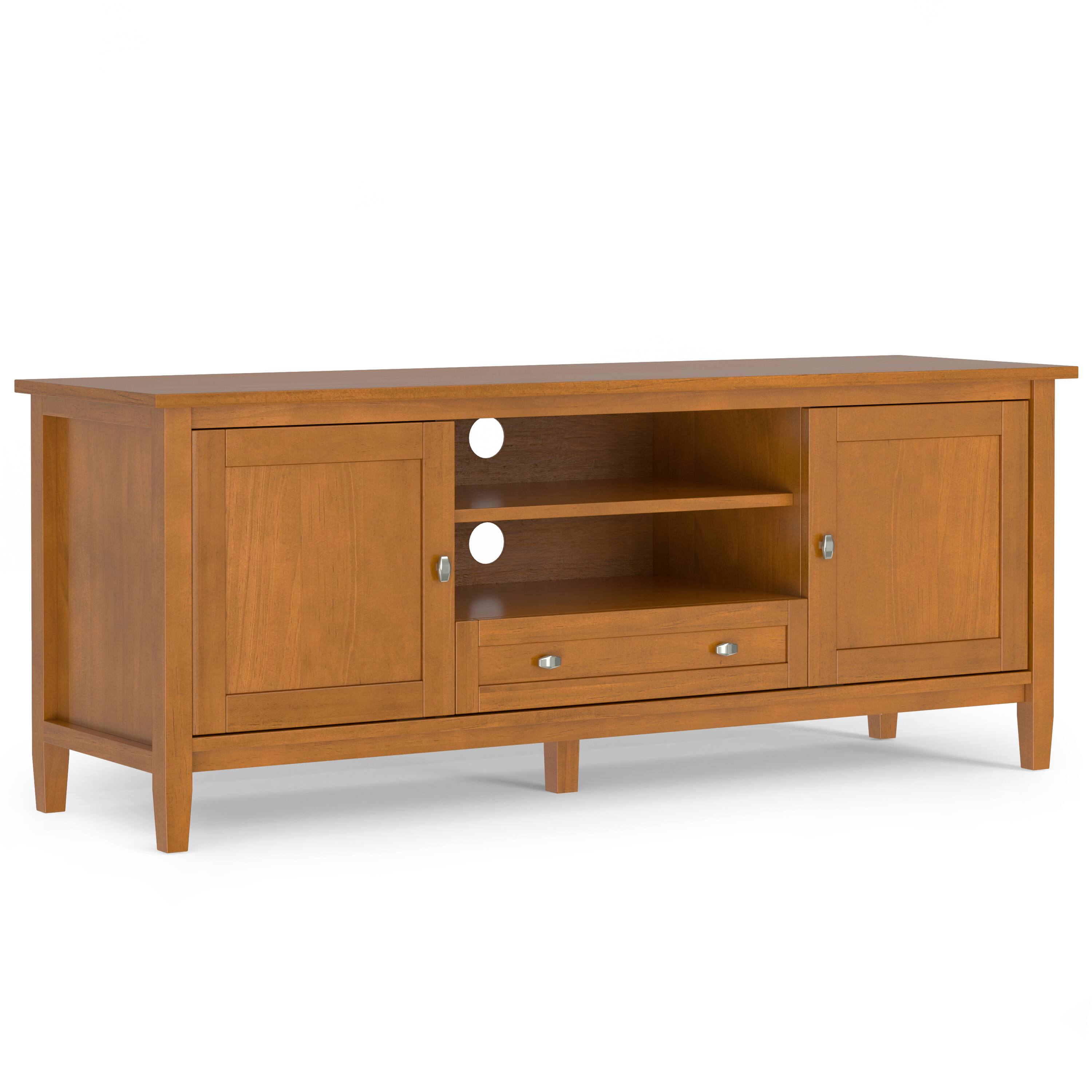 Front. Simpli Home - Warm Shaker SOLID WOOD 60 inch Wide Transitional  TV Media Stand - Light Golden Brown.