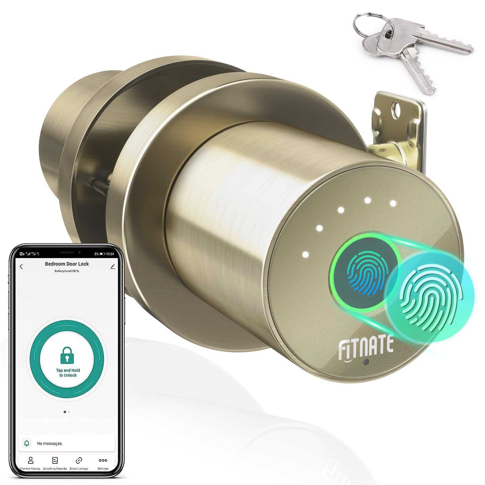 Fitnate - Biometric Digital Door Lock Fingerprint Door knob with App Control for Home, Gold - Bronze Golden