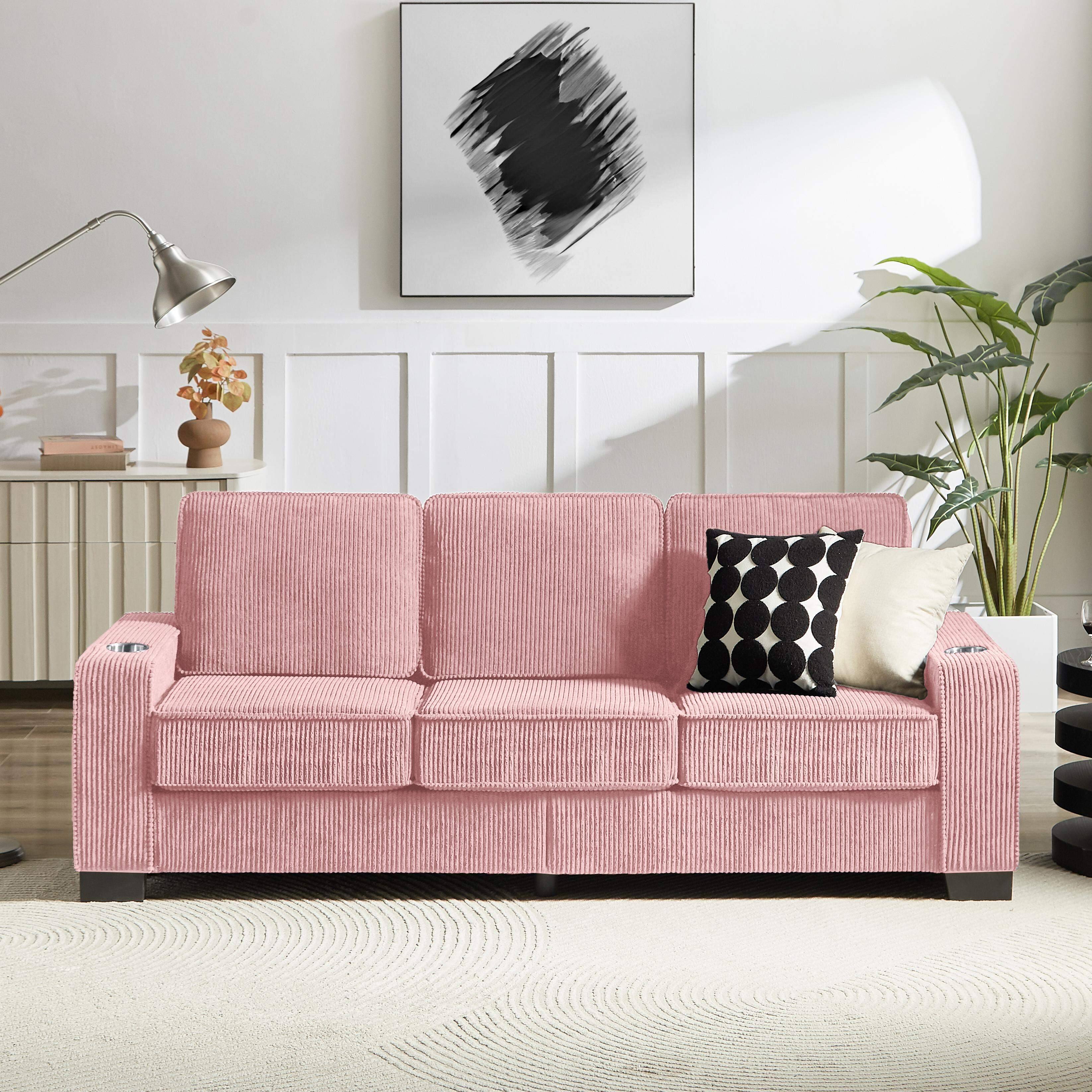Front. Roomtec - 83.86 inch Corduroy Fabric sofaModern Compressed Couch3Seater Sofa Furniture for Living RoomBedroomoffice Pink - Pink.