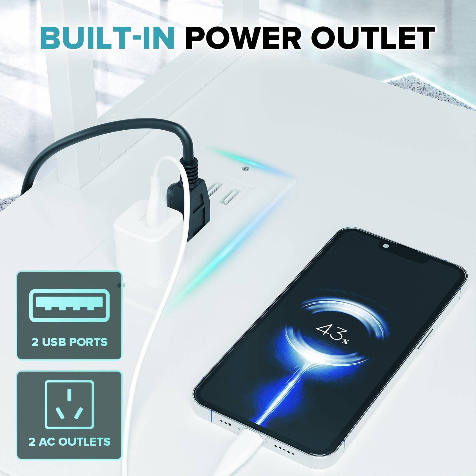BUILT-IN POWER OUTLET

2 USB PORTS

43% 

2 AC OUTLETS