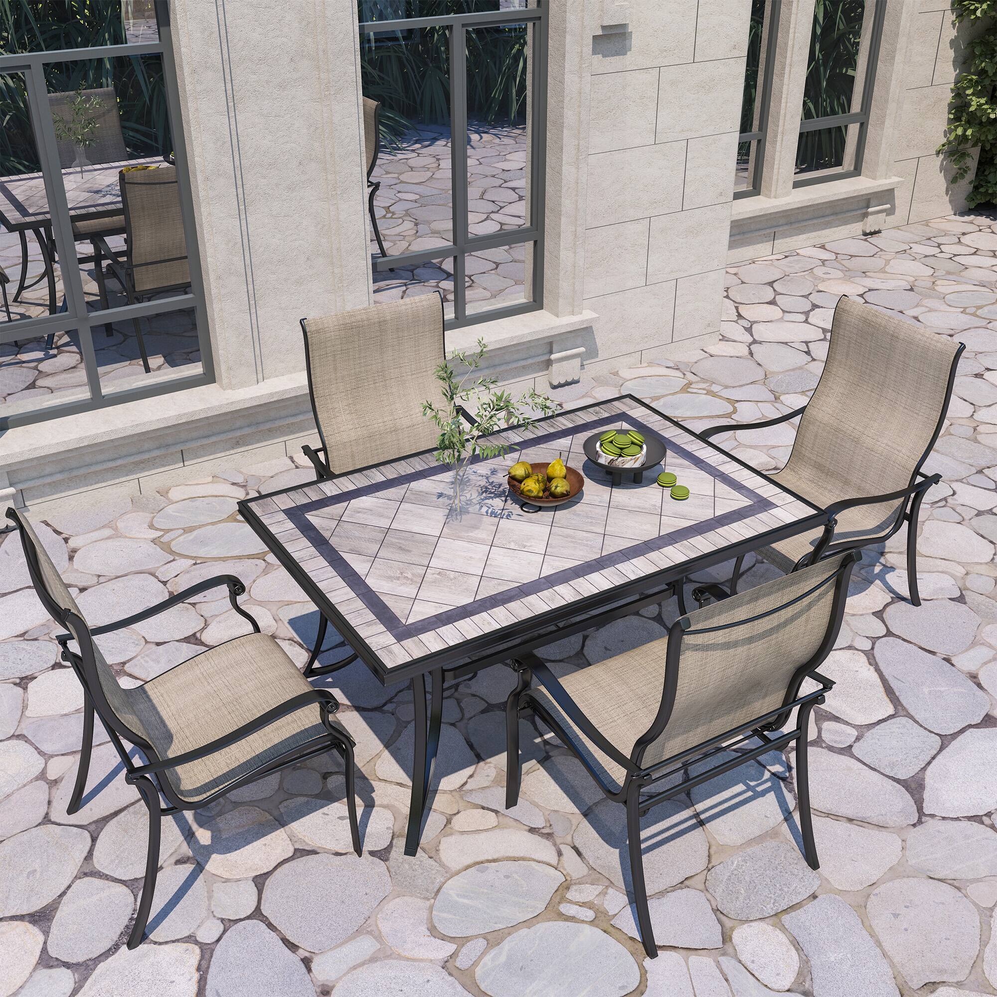 Left. Mondawe - 5-Piece Outdoor Dining Set with Classic Wood-Look Tile Top Square Table and 4 Cast Aluminum Teslin Dining Chairs - Black+Bronze.