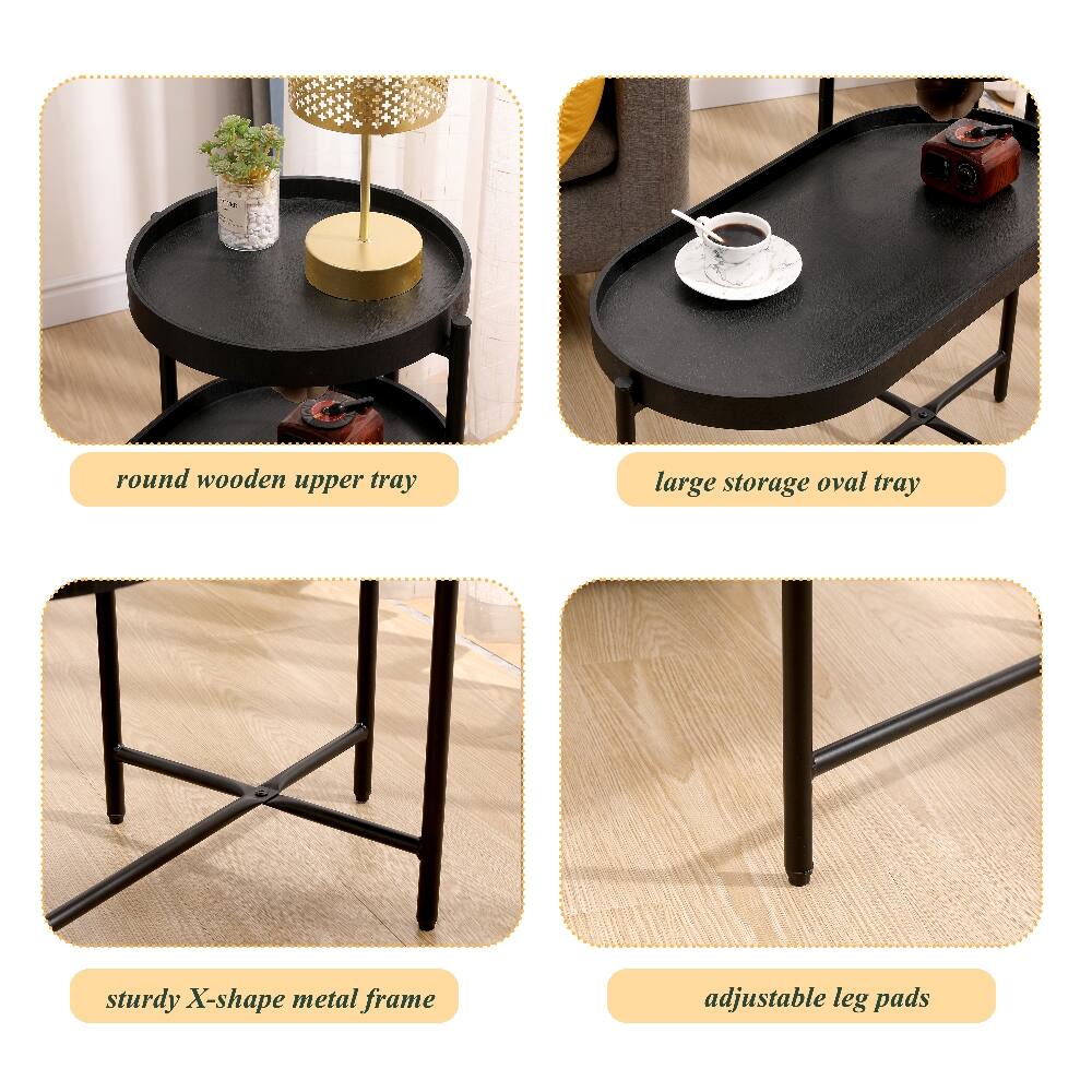 - round wooden upper tray
- large storage oval tray
- sturdy X-shape metal frame
- adjustable leg pads