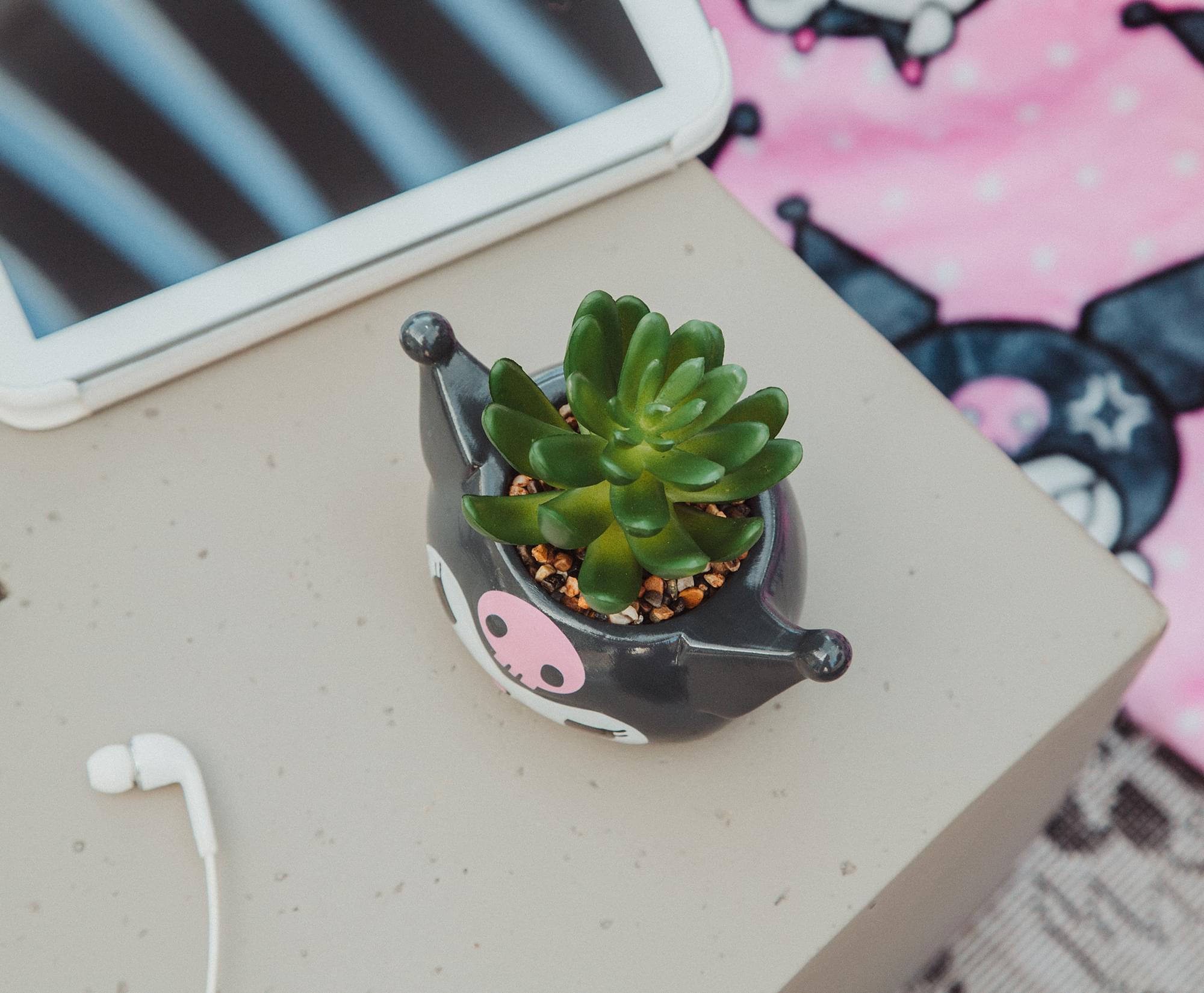 Alt View 4. Silver Buffalo - Sanrio Kuromi Smiling Head 3-Inch Ceramic Mini Planter With Artificial Succulent - Black.