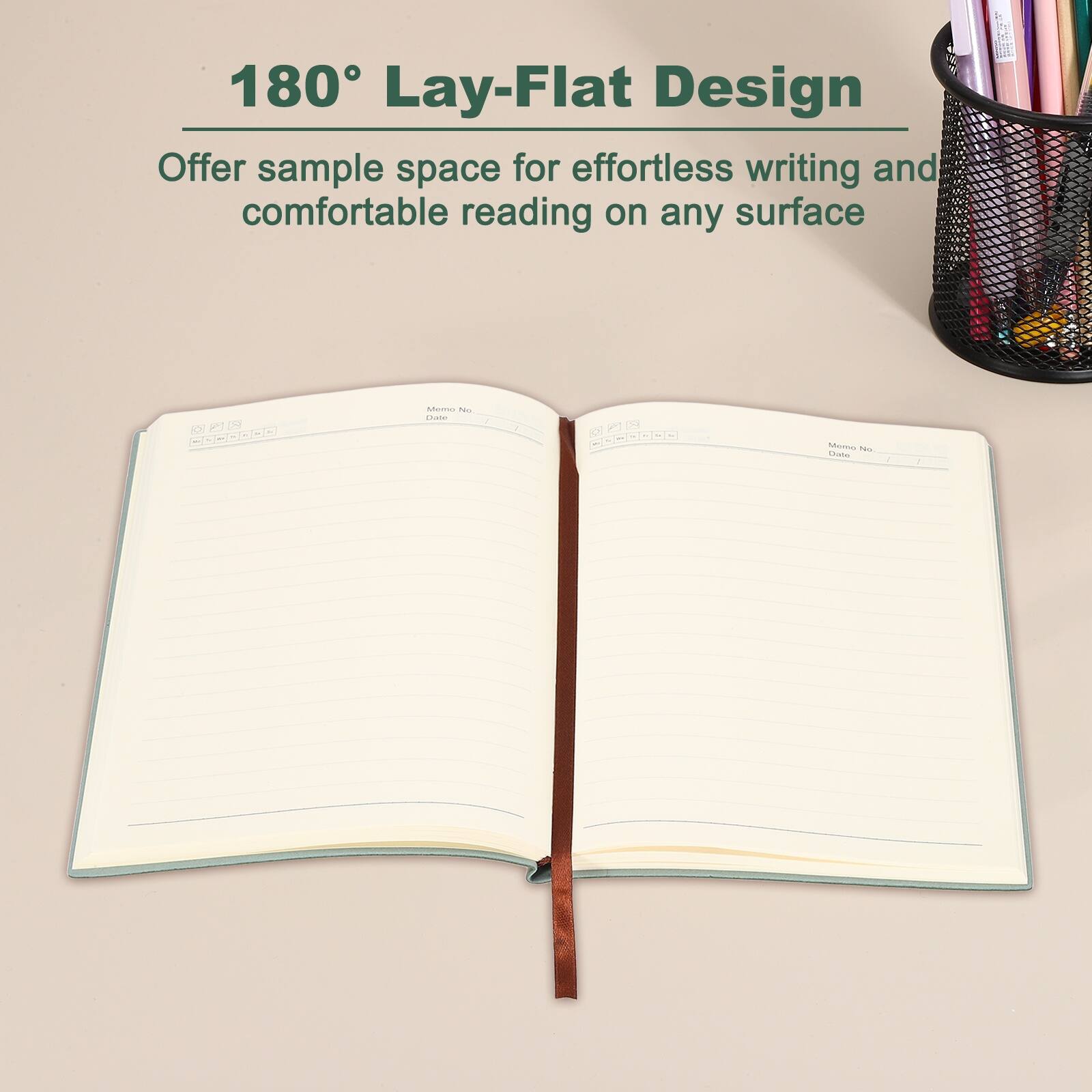 180° Lay-Flat Design  
Offer sample space for effortless writing and comfortable reading on any surface