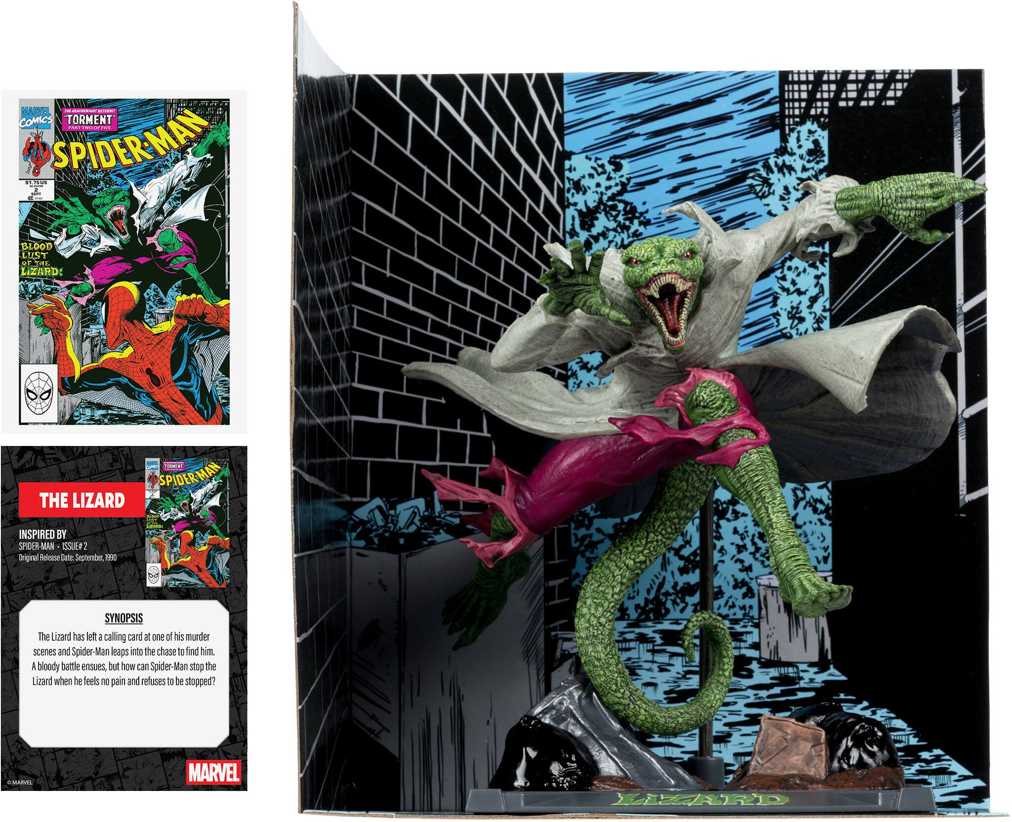 MARVEL COMICS  
TORMENT!  
SPIDER-MAN  
BLOOD OF THE LIZARD!  

SPIDER-MAN THE LIZARD  
INSPIRED BY SPIDER-MAN ISSUE #2  
Original Release Date: September 1990  

SYNOPSIS  
The Lizard has left a calling card at one of his murder scenes and Spider-Man leaps into the chase to find him. A bloody battle ensues, but how can Spider-Man stop the Lizard when he feels no pain and refuses to be stopped?  

THE LIZARD  
INSPIRED BY  
SPIDER-MAN - ISSUE #2  
Original Release Date: September 1990  

SYNOPSIS  
The Lizard has left a calling card at one of his murder scenes and Spider-Man leaps into the chase to find him. A bloody battle ensues, but how can Spider-Man stop the Lizard when he feels no pain and refuses to be stopped?  

MARVEL