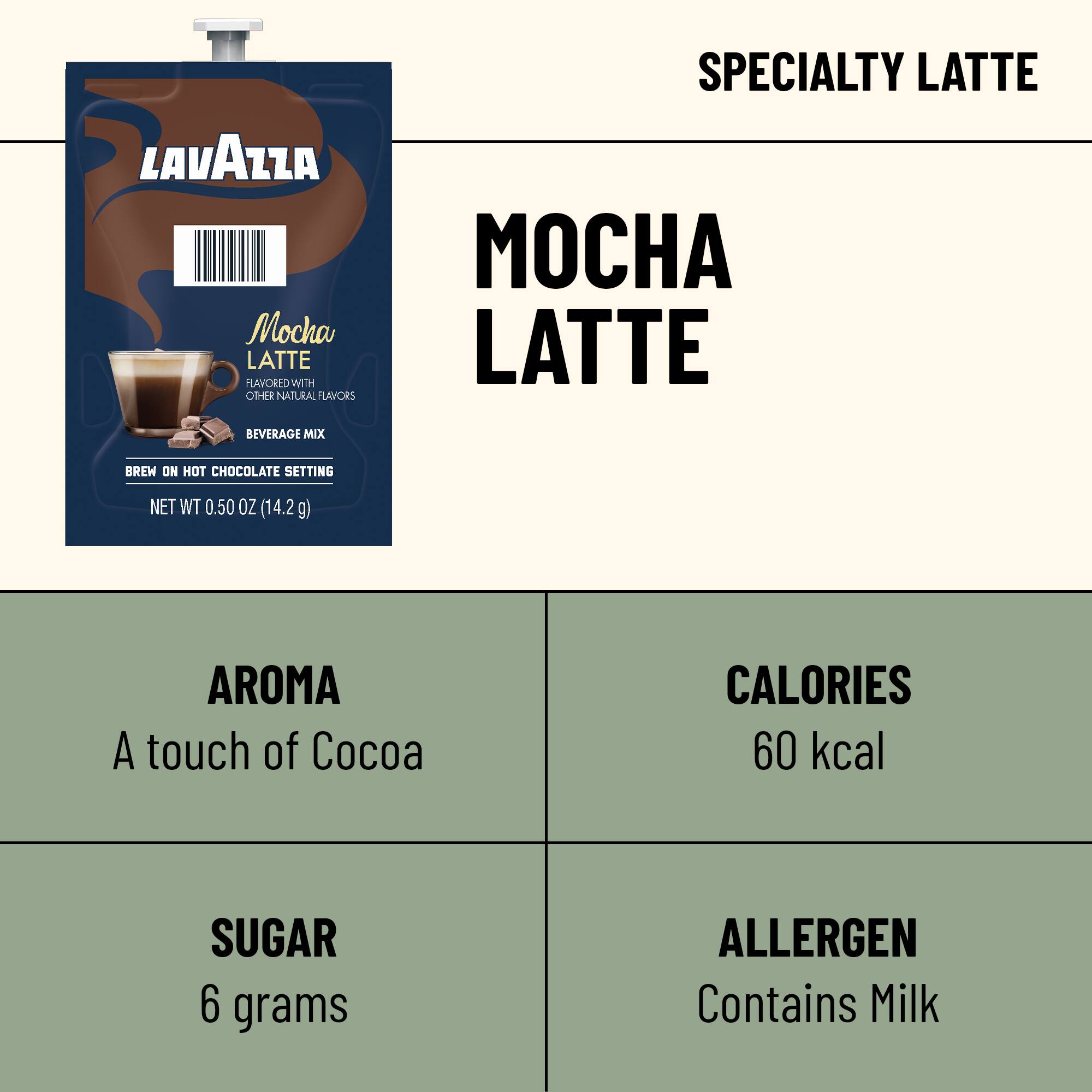 LAVAZZA Mocha LATTE FLAVORED WITH OTHER NATURAL FLAVORS  
SPECIALTY LATTE MOCHA LATTE  
BEVERAGE MIX  
BREW ON HOT CHOCOLATE SETTING  
NET WT 0.50 OZ (14.2g)  
AROMA A touch of Cocoa  
CALORIES 60 kcal  
SUGAR 6 grams  
ALLERGEN Contains Milk