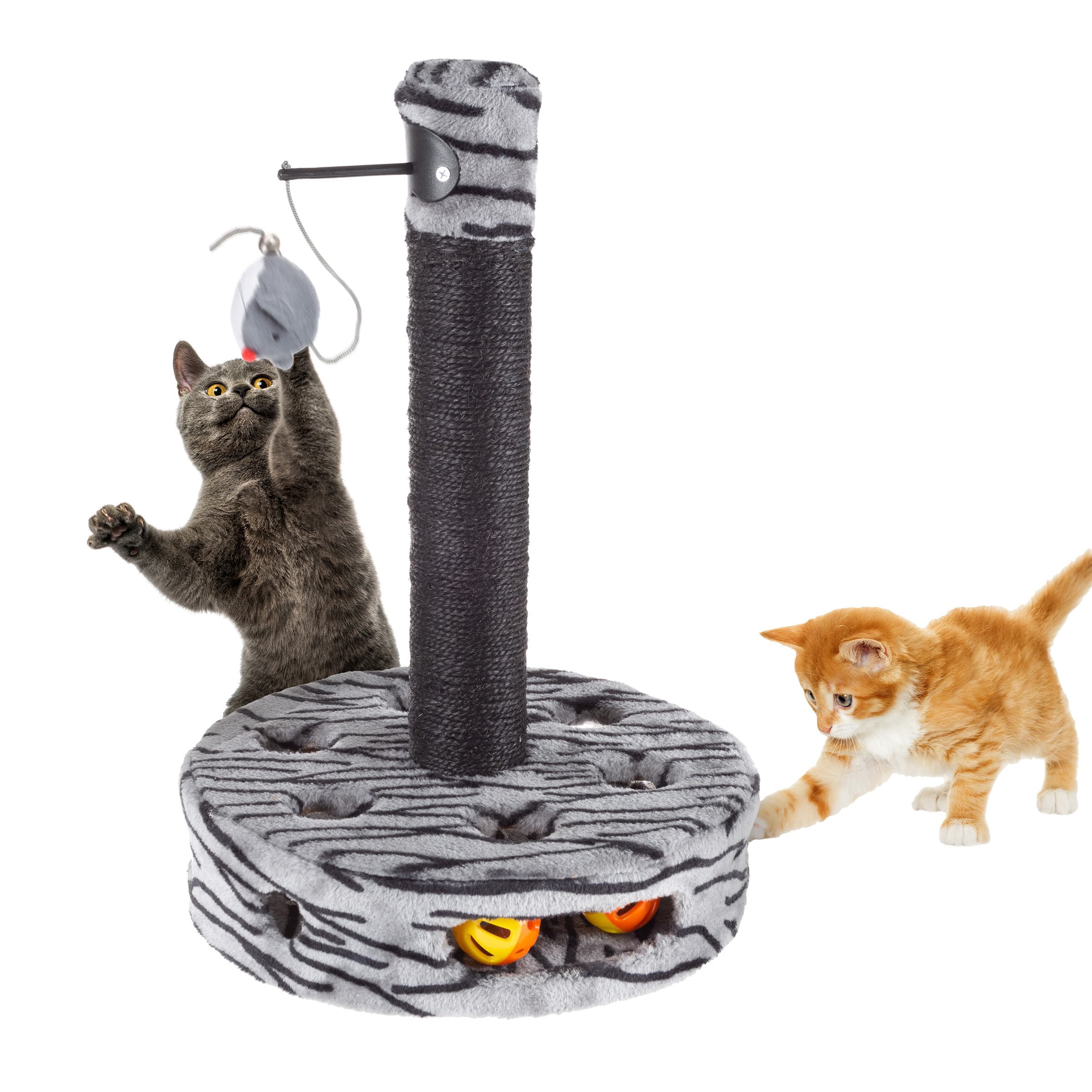 PetMaker - Cat Scratching Post Interactive Play Area with Sisal Rope Scratcher and Hanging Toy for Cats Scratch Tree for Pets - Black/Gray