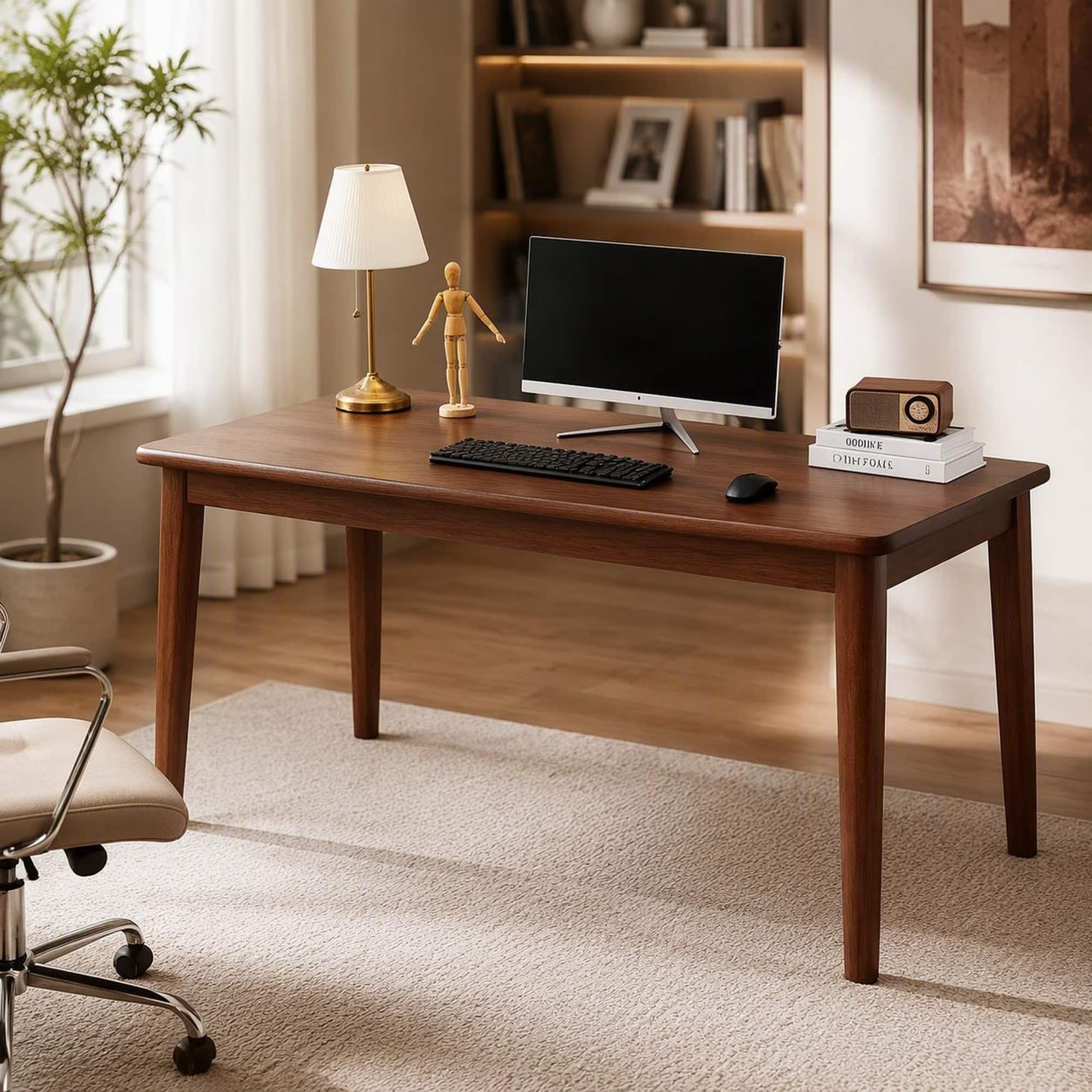 RYHNUYNE - Solid Rubberwood Writing Desk, 55.1 x 19.7 Inches, Mid-Century Modern Computer Table, Finish for Bedroom - Walnut